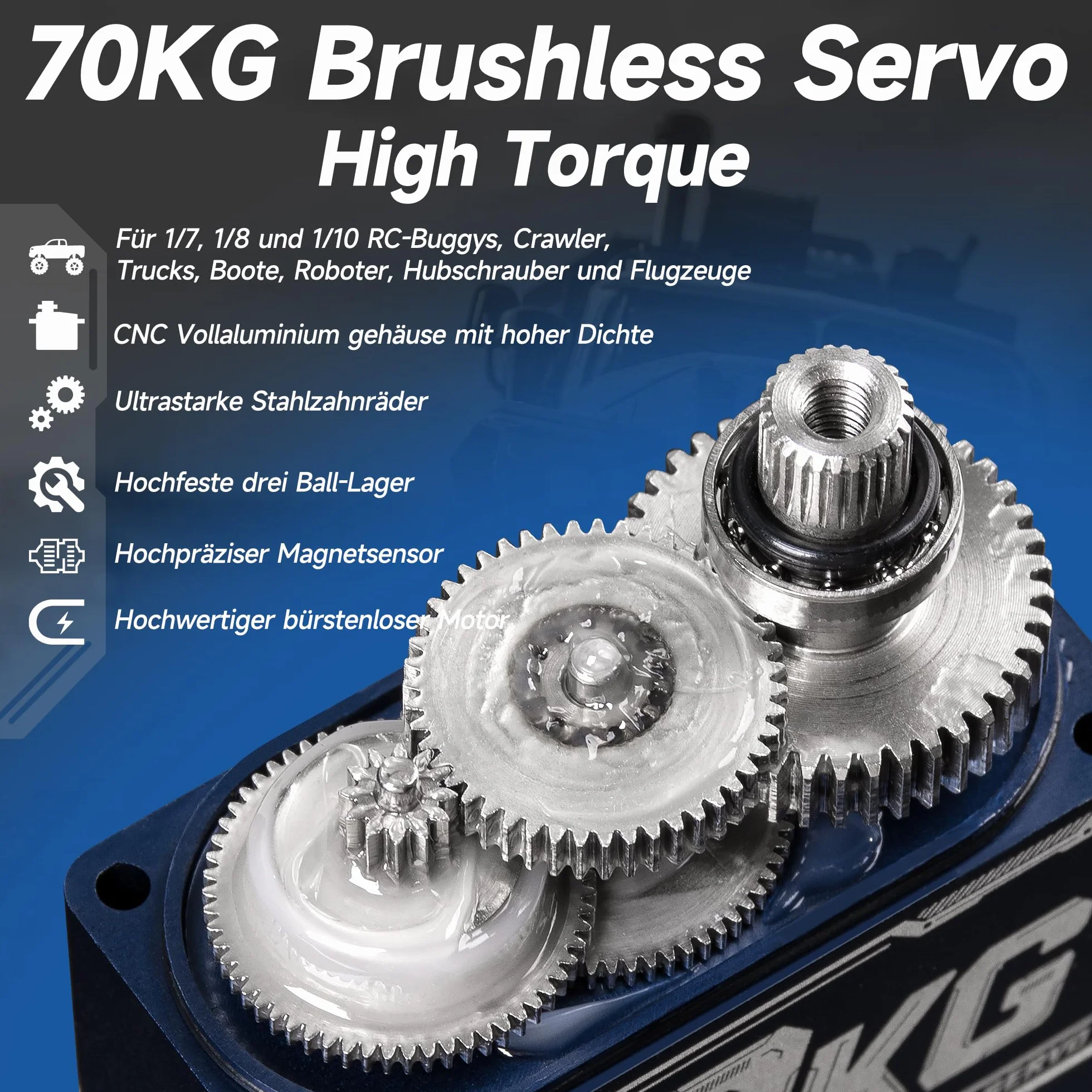 Miuzei Serwo RC 70 kg, 180°, silnik serwo High Torque Metal Steel Gears do 1/10 1/8 1:7, samochód RC, samochód, łódź, samolot, wodoszczelny, 4,8-6,0-8,4 V CNC, metalowy