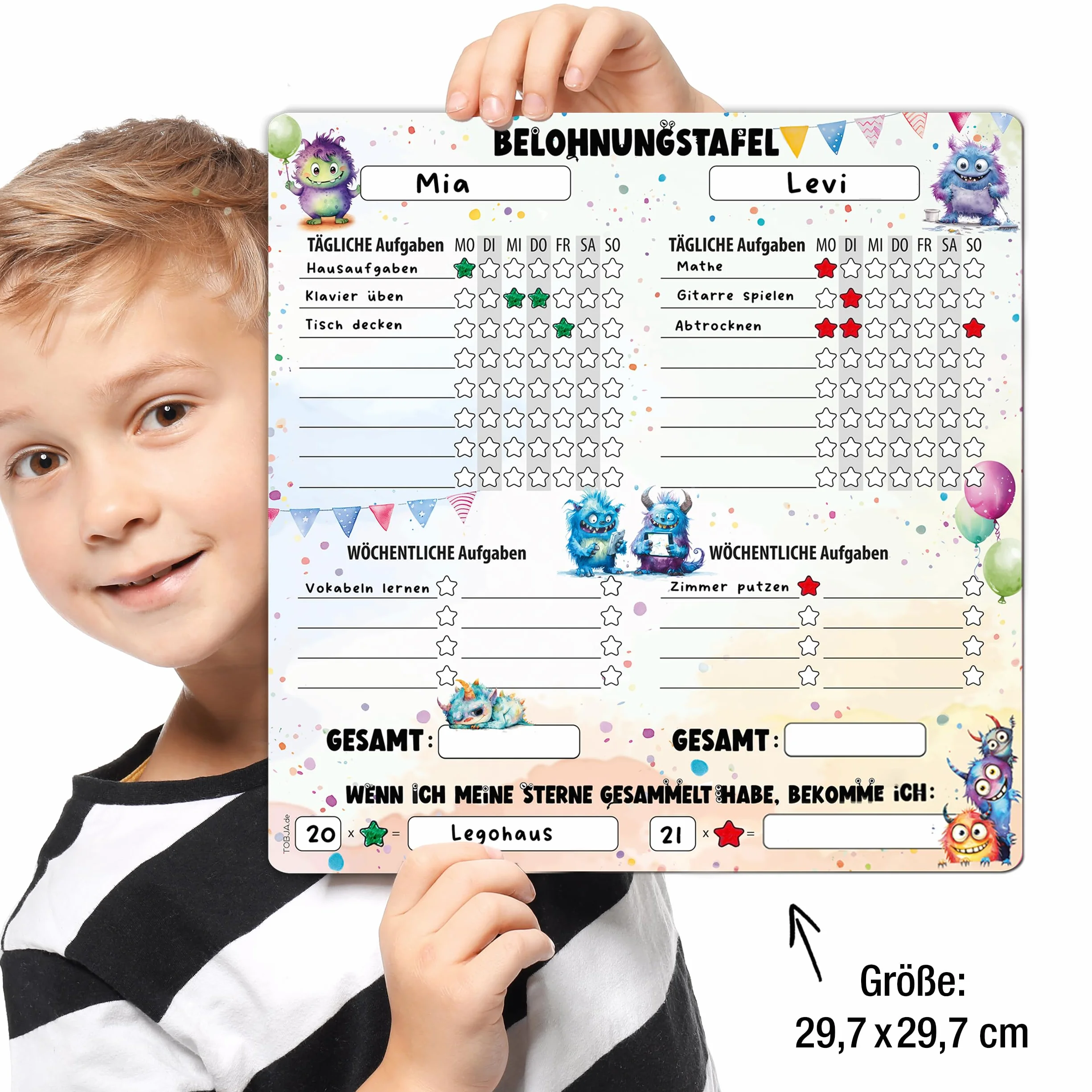 Magnetyczna tablica nagradzająca dla dzieci – wzór potwora, dla 2 dzieci, do codziennych i tygodniowych zadań, rutynowy planer dla dzieci, poranna i wieczorna, 30 x 30 cm, zmywalna (potwór w zestawie