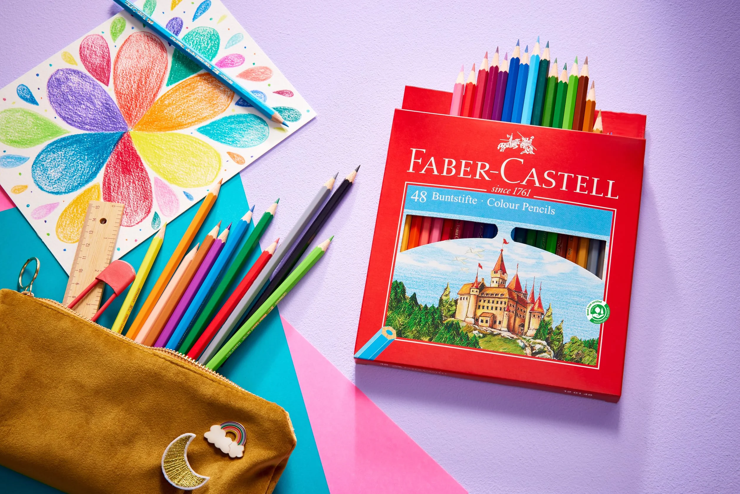 FABER-CASTELL 120148 – zestaw kredek Castle, 48 sztuk, sześciokątne, odporne na łamanie, dla dzieci i dorosłych