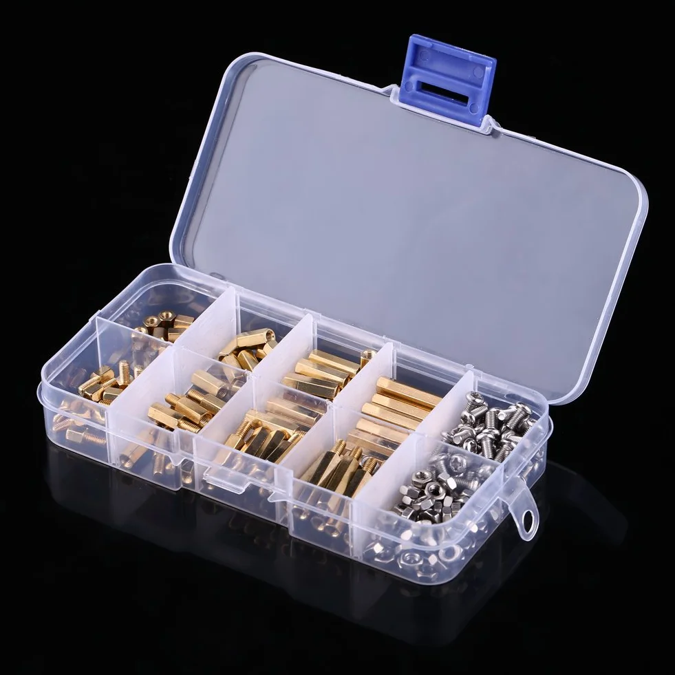 Akozon 200szt M3 Mosiężne podpórki dystansowe, śruby miedziane, śruba Nakrętka Spacer Męski żeński Śruba sześciokątna Asortyment mosiężny (B)