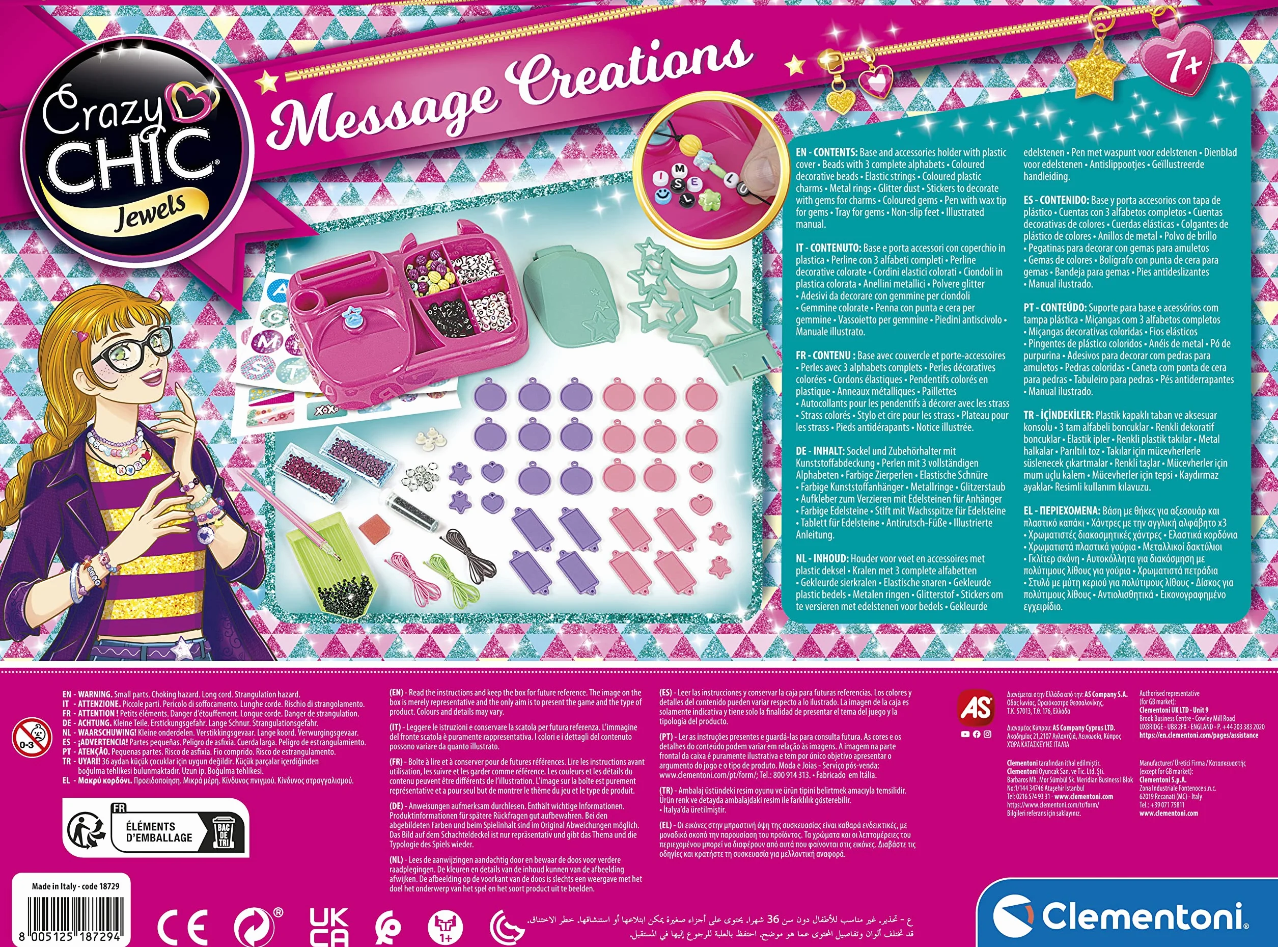 Clementoni Crazy Chic Message Creations zestaw kreatywny do tworzenia bransoletek i naszyjników z literami dla dzieci od 7 lat