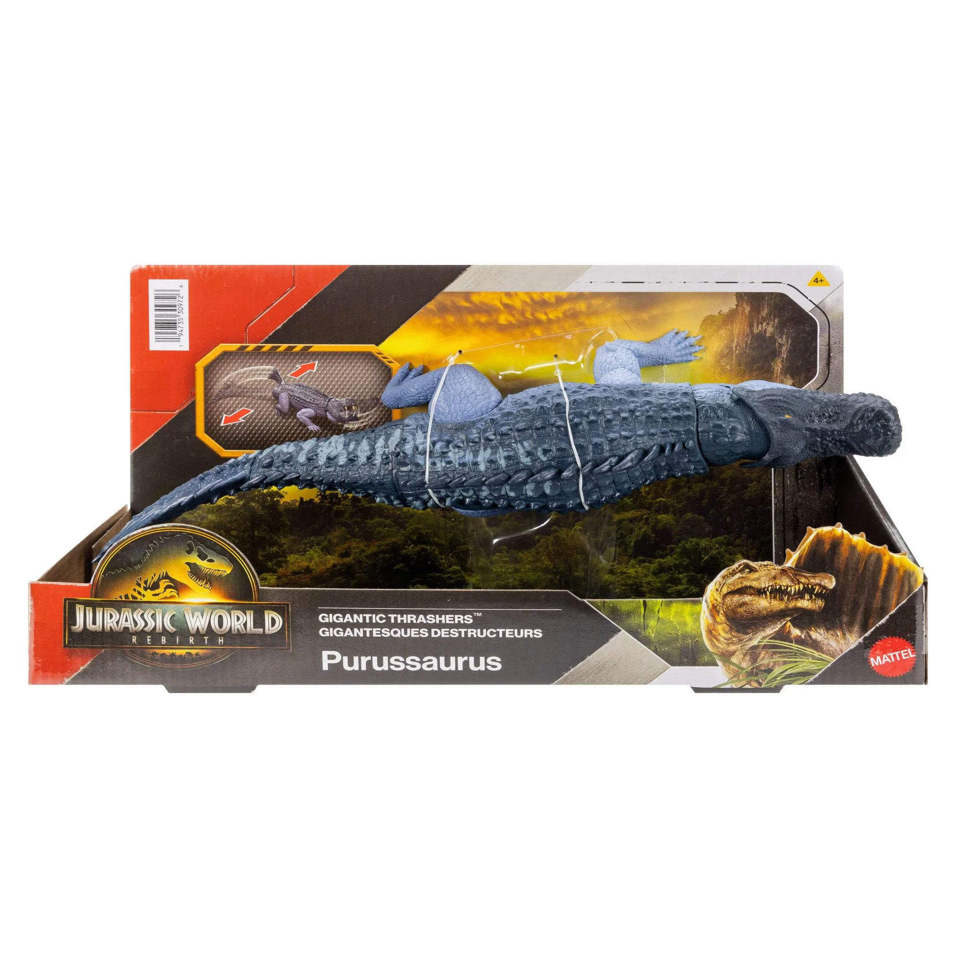 Mattel Jurassic World Rebirth Gigantyczny atak Purussaurus Figurka dinozaura z 2 atakami aktywowanymi ogonem, zabawka dinozaur dla dzieci, zabawa realna i wirtualna, JGB94