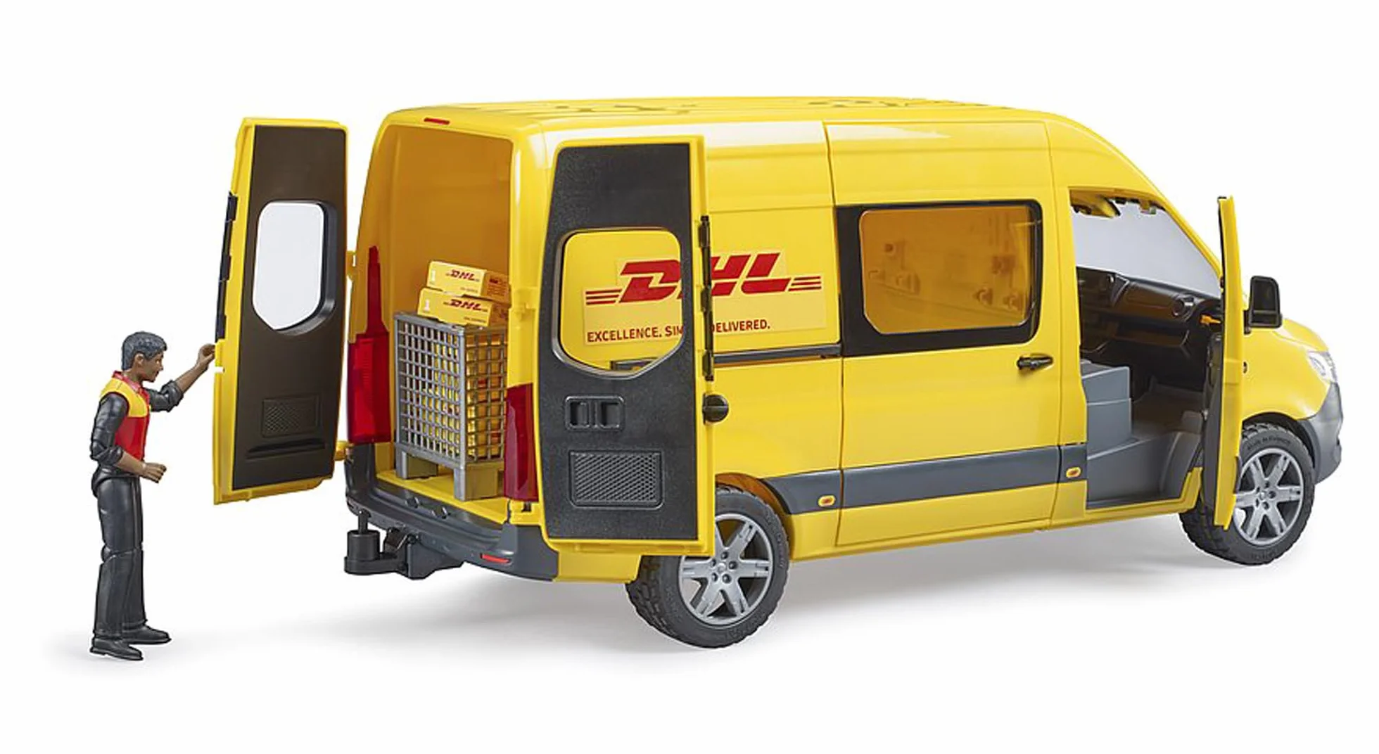 bruder 02671 - MB Sprinter DHL z kierowcą, w tym paleta skrzyniowa z paczkami wysyłkowymi, pojazd, transporter