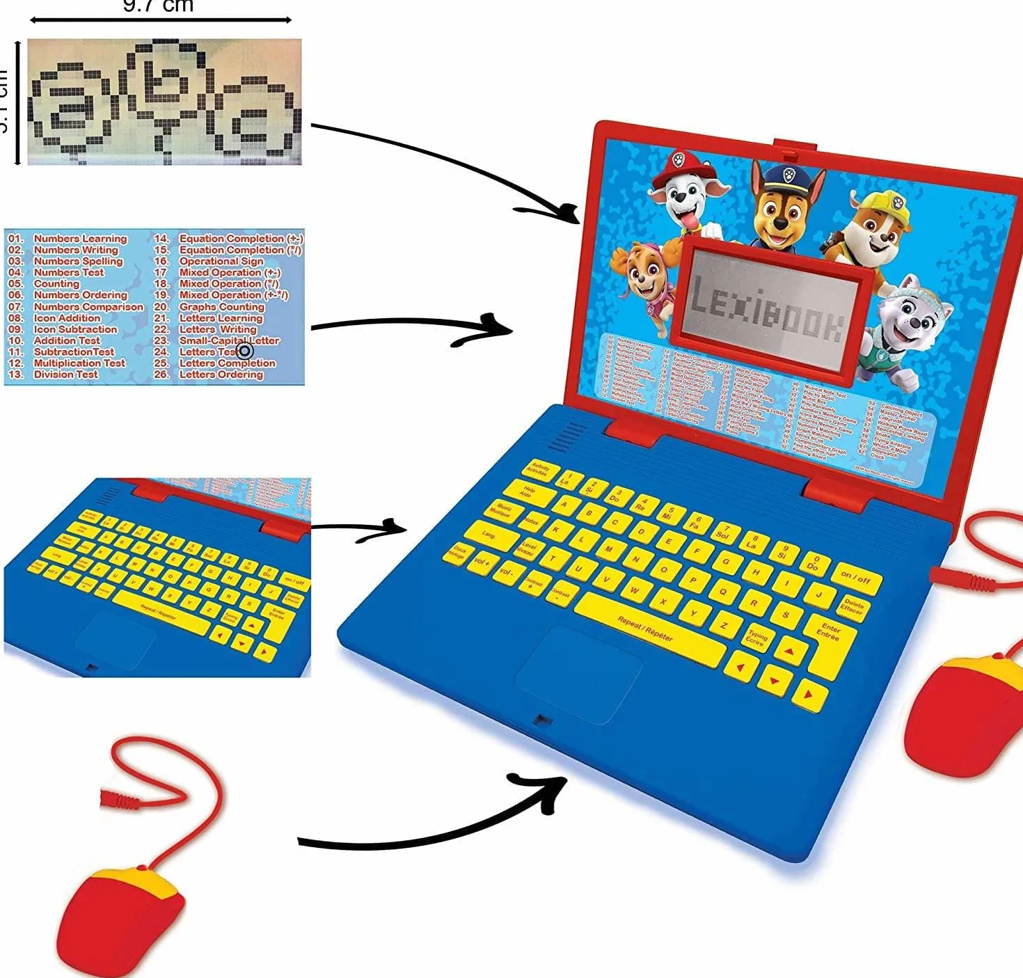 Lexibook Psi Patrol, Edukacyjny i Dwujęzyczny Laptop Hiszpański, Angielski, Zabawka dla Dziecka 124 Aktywności, Nauka Gry i Muzyki z Chase Marshall, Czerwony, Niebieski JC598PAi2,61 X 45,7 X 9,1 cm