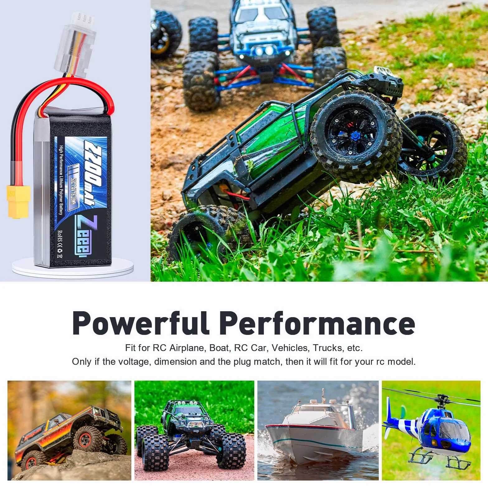 Zeee 2S Lipo akumulator 50C 2200 mAh 7,4 V krótki akumulator RC z wtyczką XT60 do 1/16 Slash RC, samochodów ciężarowych, RC helikopterów, samolotów, quadkopterów, dronów, łodzi, modeli wyścigowych (2