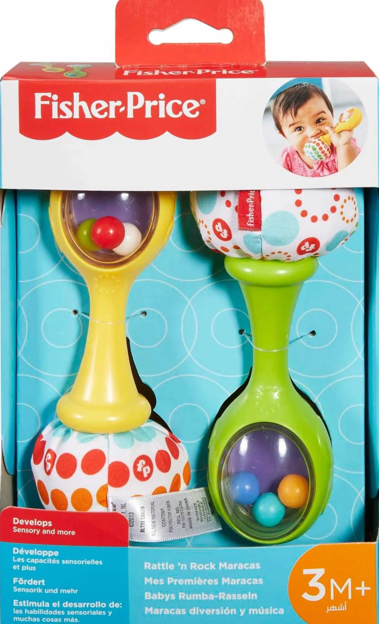 Fisher-Price Newborn Toys Rattle ‘n Rock Maracas, 2 Soft Musical Instruments for Developmental Play Babies Ages 3+ Months, Green & Yellow, BLT33