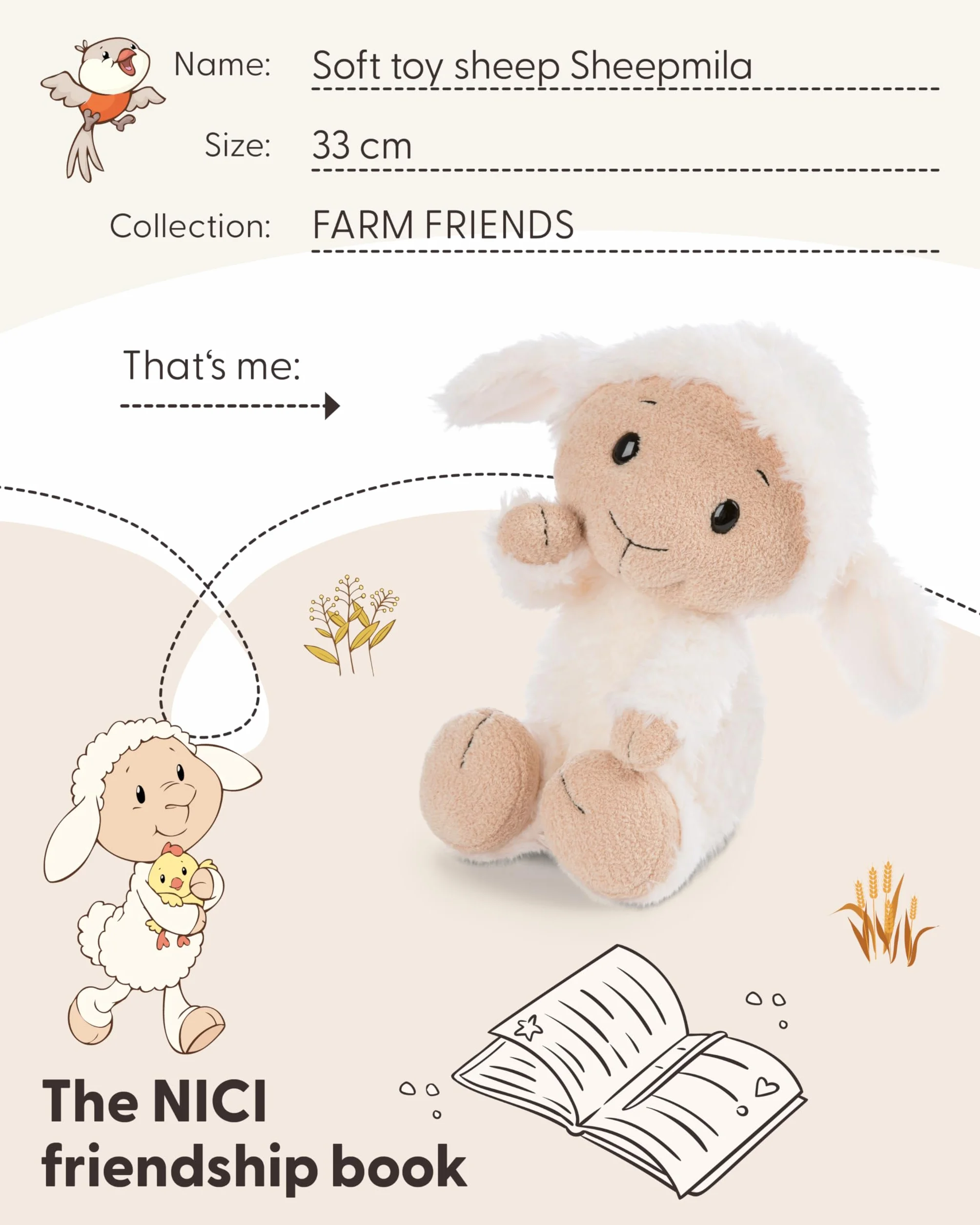 NICI 62256 Owieczka Sheepmila, miękki pluszak, urocza maskotka do przytulania i zabawy, świetny pomysł na prezent dla dzieci i dorosłych, 33 cm, biała