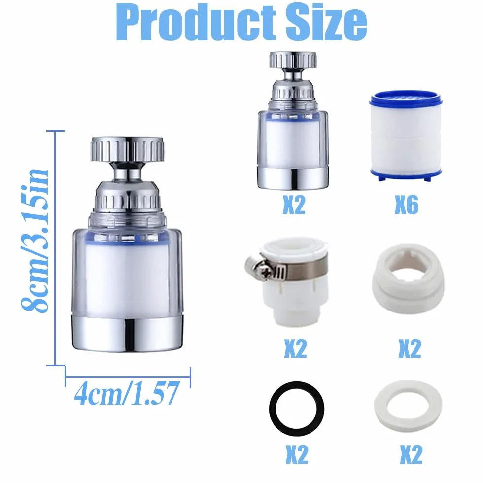 2 sztuki filtrów do wody, kran, obracany o 360°, filtr do kranu z 6 elementami filtrującymi z bawełny PP, odpowiedni do domu, umywalki, kuchni i łazienki