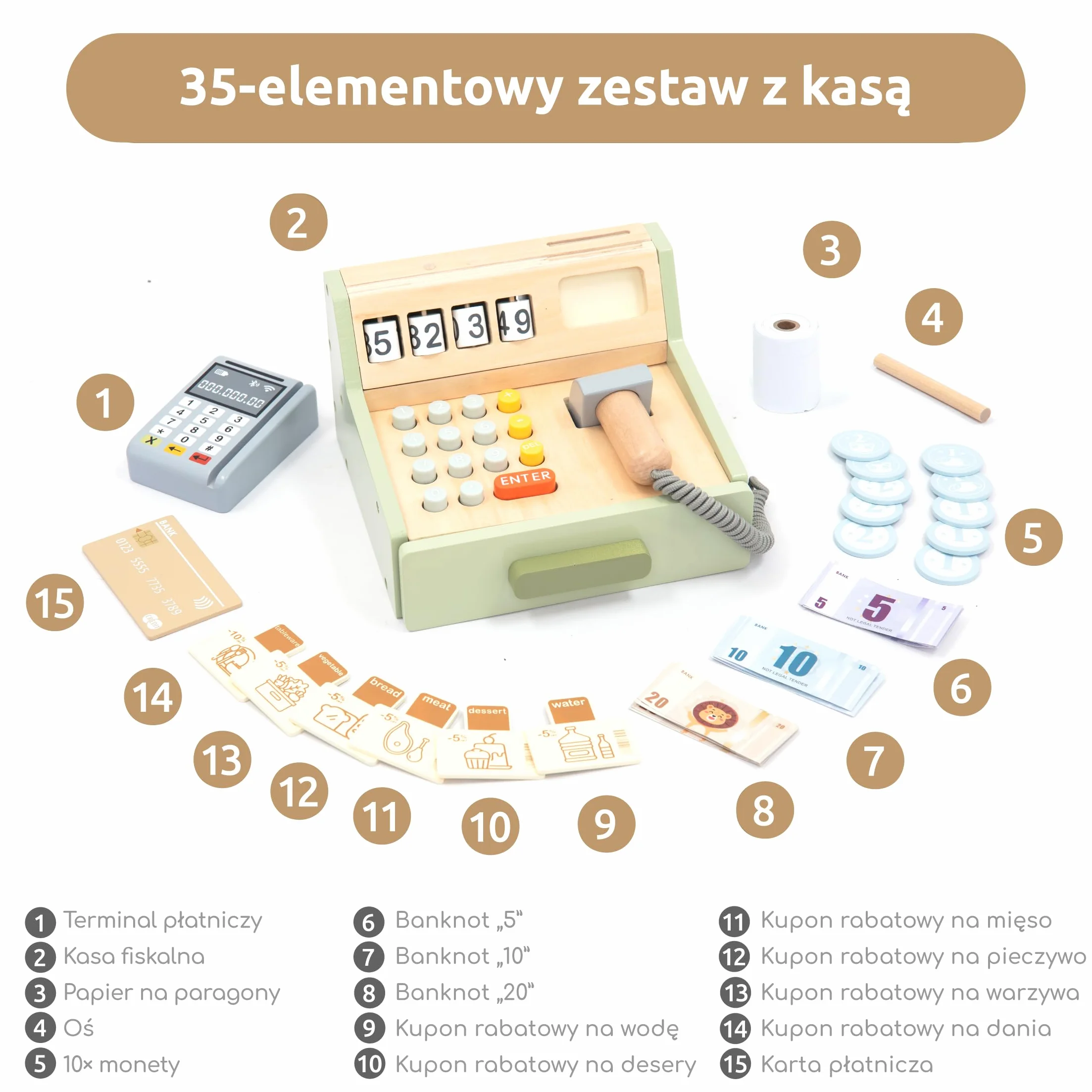 umu Kasa dziecięca z drewna – w zestawie akcesoria (skaner, terminal płatniczy, pieniądze do gry itd.), sklepy i akcesoria do odgrywania ról, kasa dla dzieci od 3, 4, 5, 6 lat