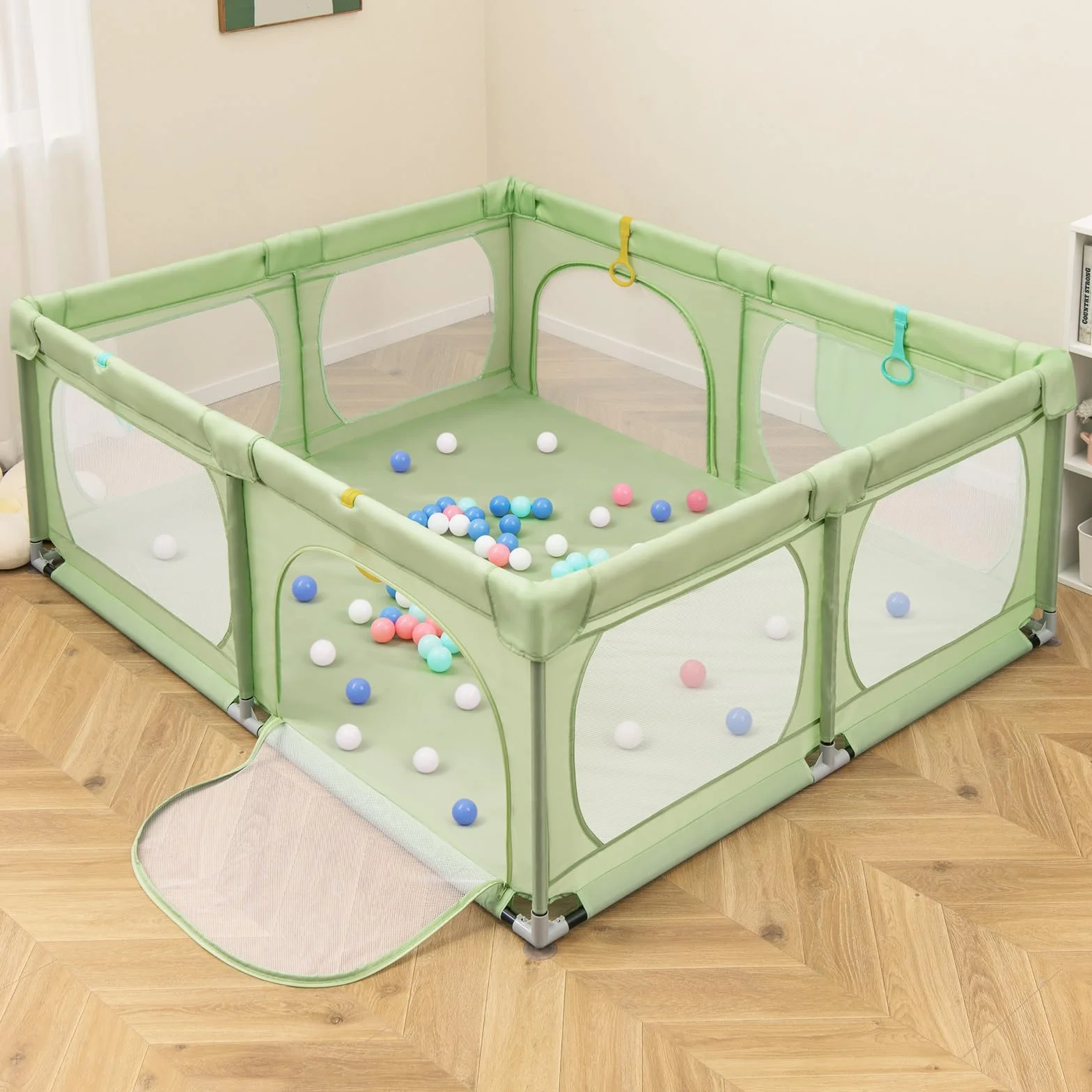 COSTWAY Kojec dla niemowląt 189 x 158 cm, kojec dla dzieci z 50 piłkami do zabawy, 4 pierścieniami do ciągnięcia i 4 drzwiami z zamkiem błyskawicznym, kratka do raczkowania z oddychającą siatką
