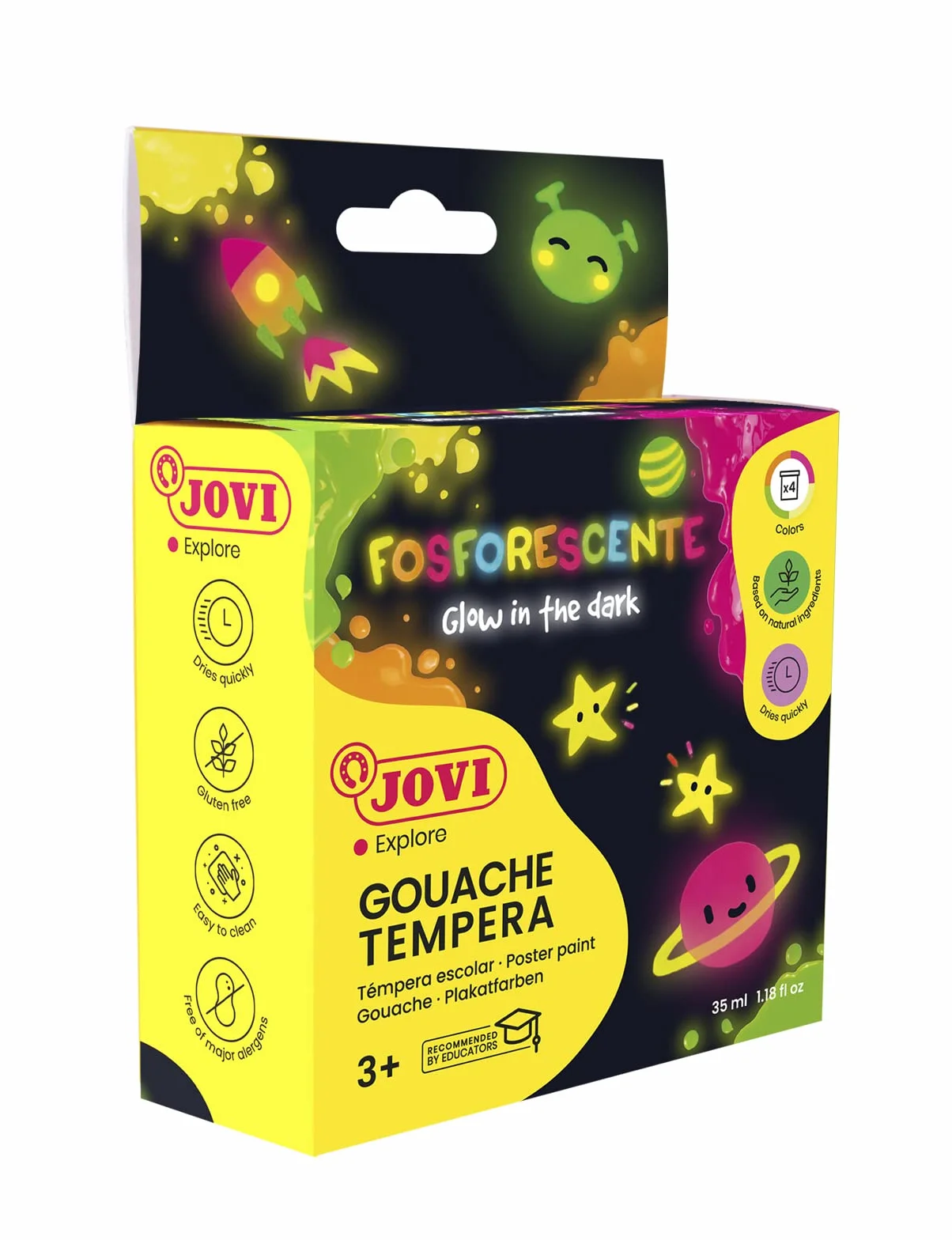 Jovi - Tempera fosforyzująca, Opakowanie 4 puszek 55ml, Farba na bazie naturalnych składników, Łatwy do mycia, Bezglutenowy, Idealny do użytku szkolnego (504)
