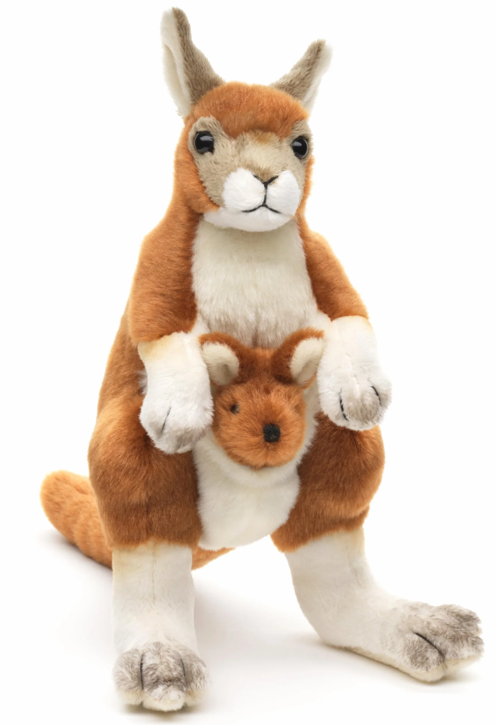 Uni-Toys - Kangur z dzieckiem (przyszyty), stojący - 23 cm (wysokość) - pluszowa zabawka, przytulanka