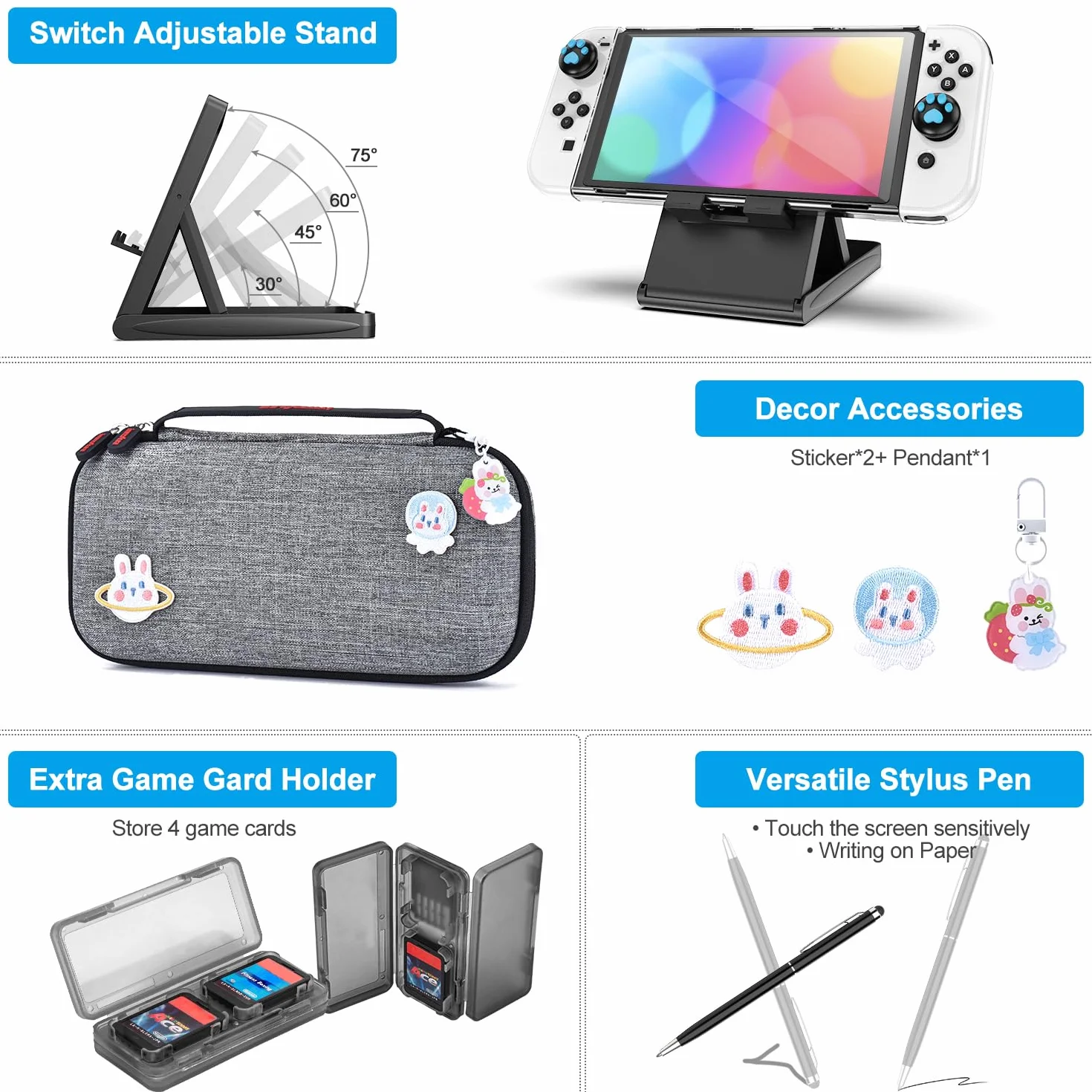 Zestaw akcesoriów do przełączników OLED — zestaw innoAura 18 w 1 z obudową przełącznika NS, etui na przełącznik do gier, osłoną ekranu OLED NS do przełącznika, stojakiem na przełącznik, uchwytami na kciuki przełącznika (szare)