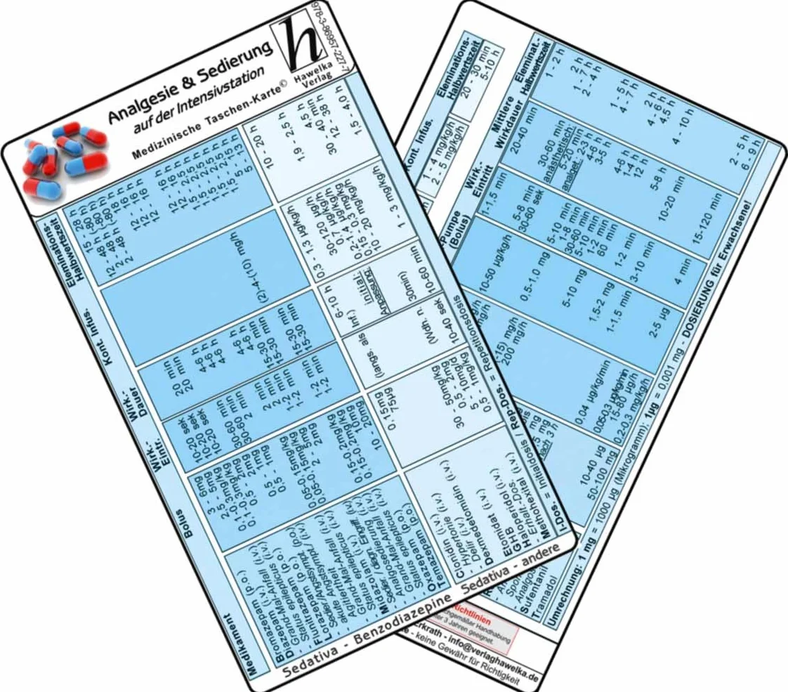 Intensiv-Station Karten-Set - Analgesie & Sedierung, Blutgase & Differentialdiagnose, Herzrhythmusstörungen, Inkompatibilitäten intravenöser Medikamente, Reanimation
