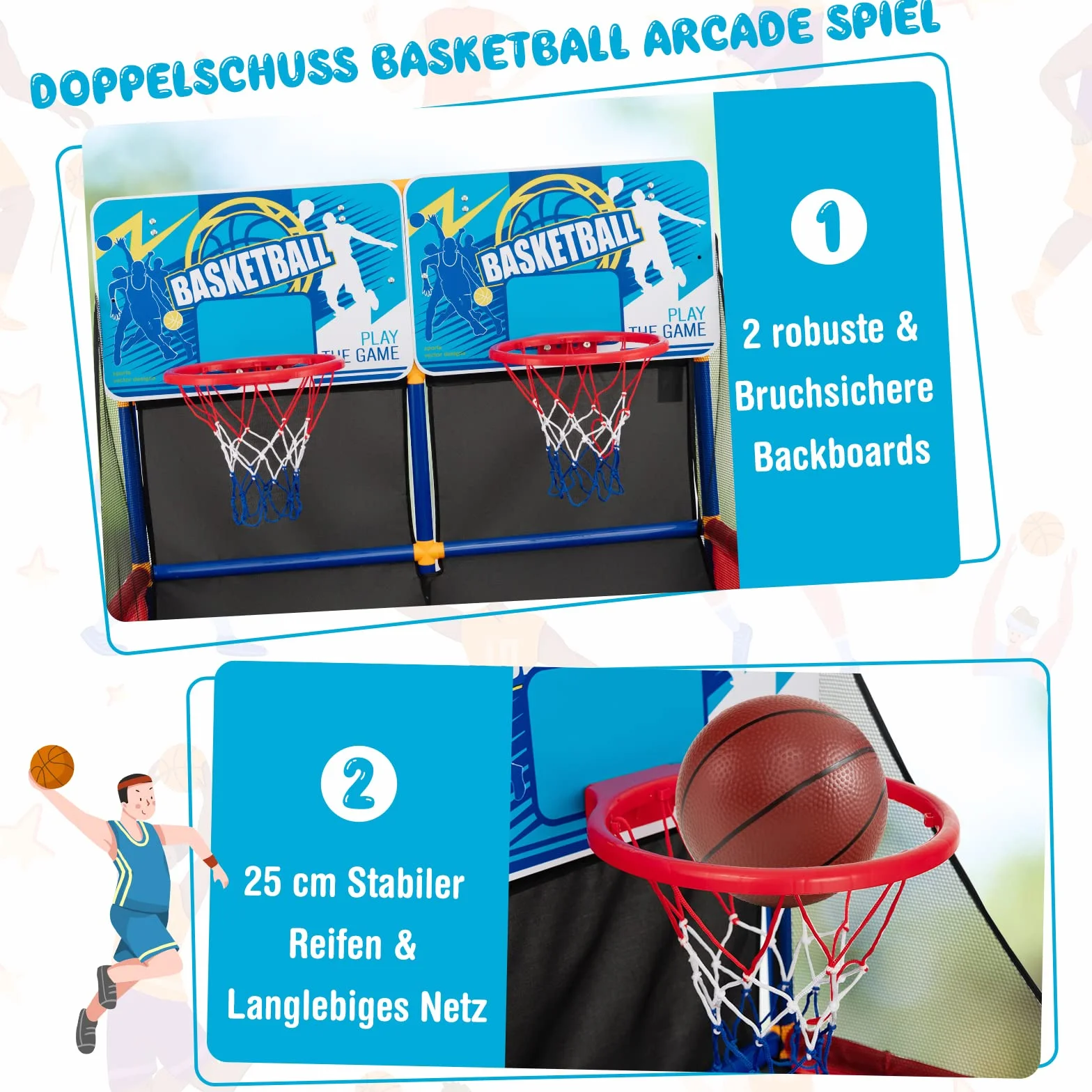 COSTWAY Zestaw Arcade do Gry w Koszykówkę, Stojak z 2 Koszami, 4 Piłkami i Pompką, Mini Kosz na Zewnątrz, Gra dla 2 Graczy, Obręcz dla Dzieci