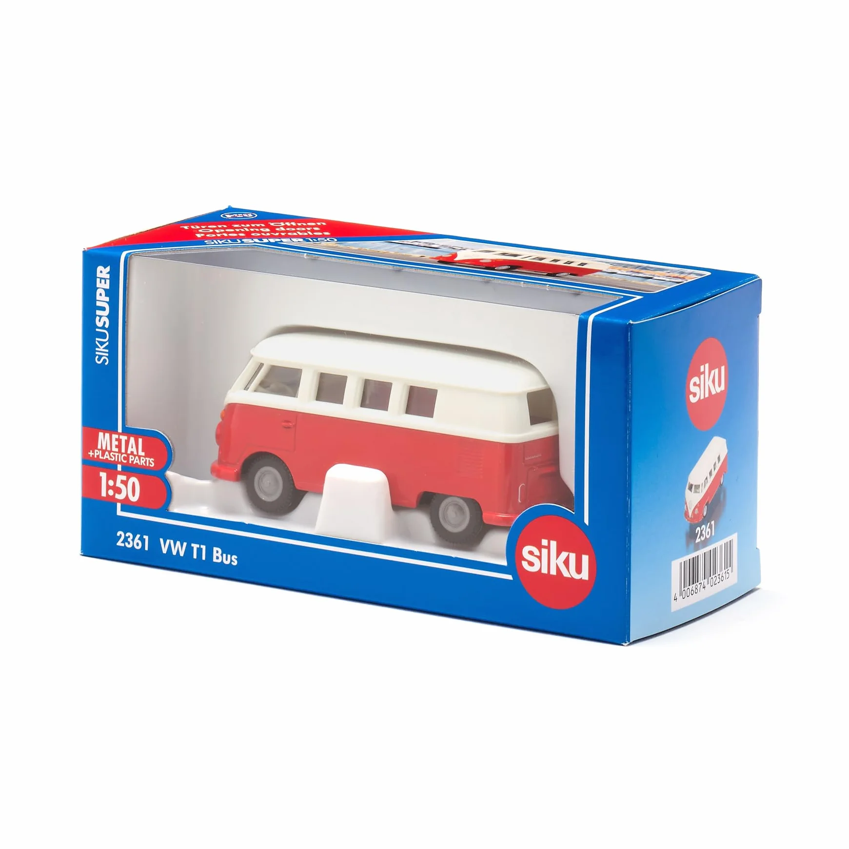 Siku 2361, VW T1 Bus, Zabawkowy samochód, 1:50, Metal/tworzywo sztuczne, Czerwony/biały, Otwierane drzwi, Zaczep przyczepy, Wiernie odwzorowane koła