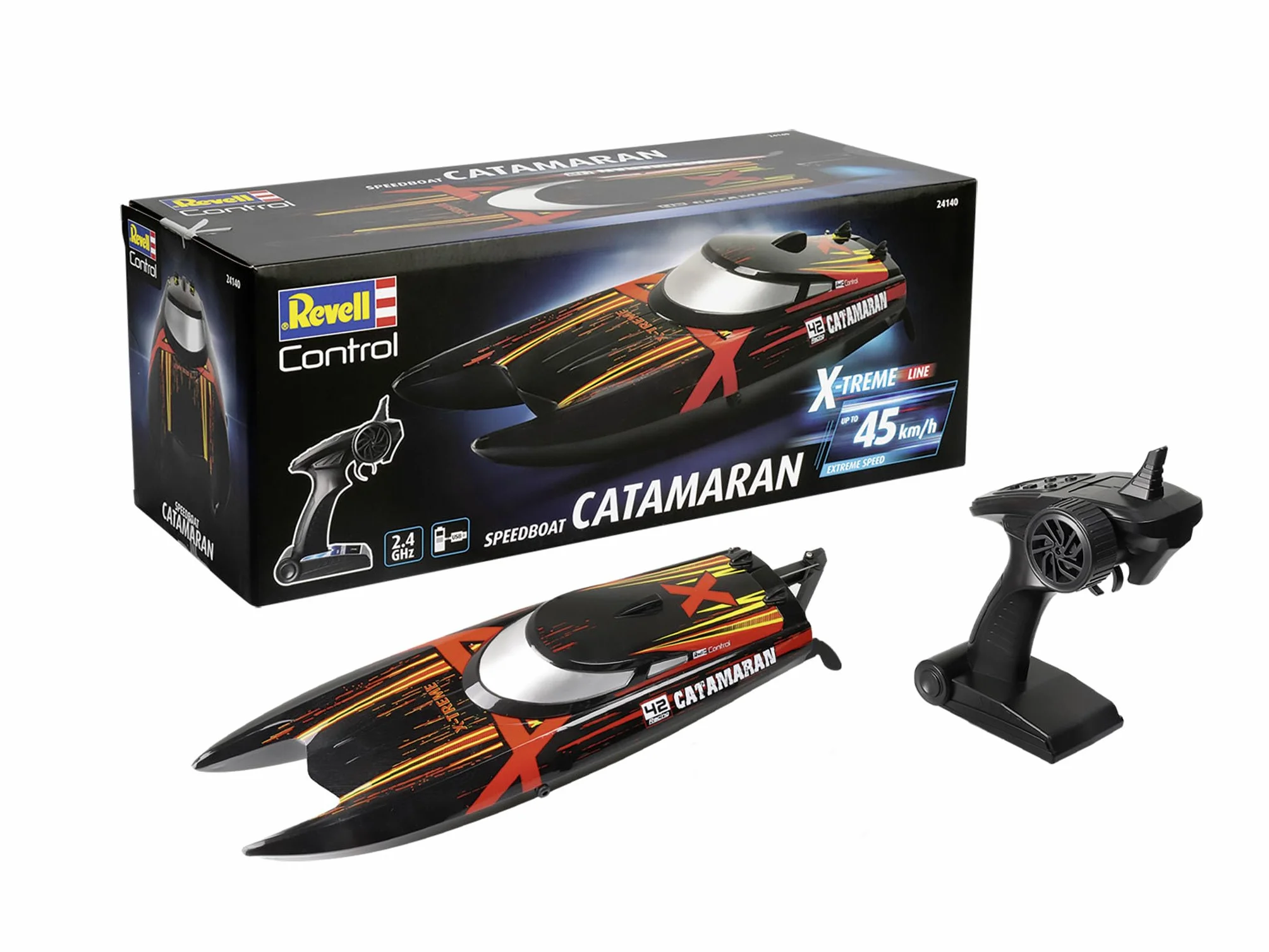 Revell Pilot zdalnego sterowania 24140 X-TREME katamaran łodzi z precyzyjnym sterowaniem 2,4 GHz, do 45 km/h, zabezpieczenie przed przewróceniem, akumulator litowo-jonowy 7,4 V, 2-kanałowy, śmigła