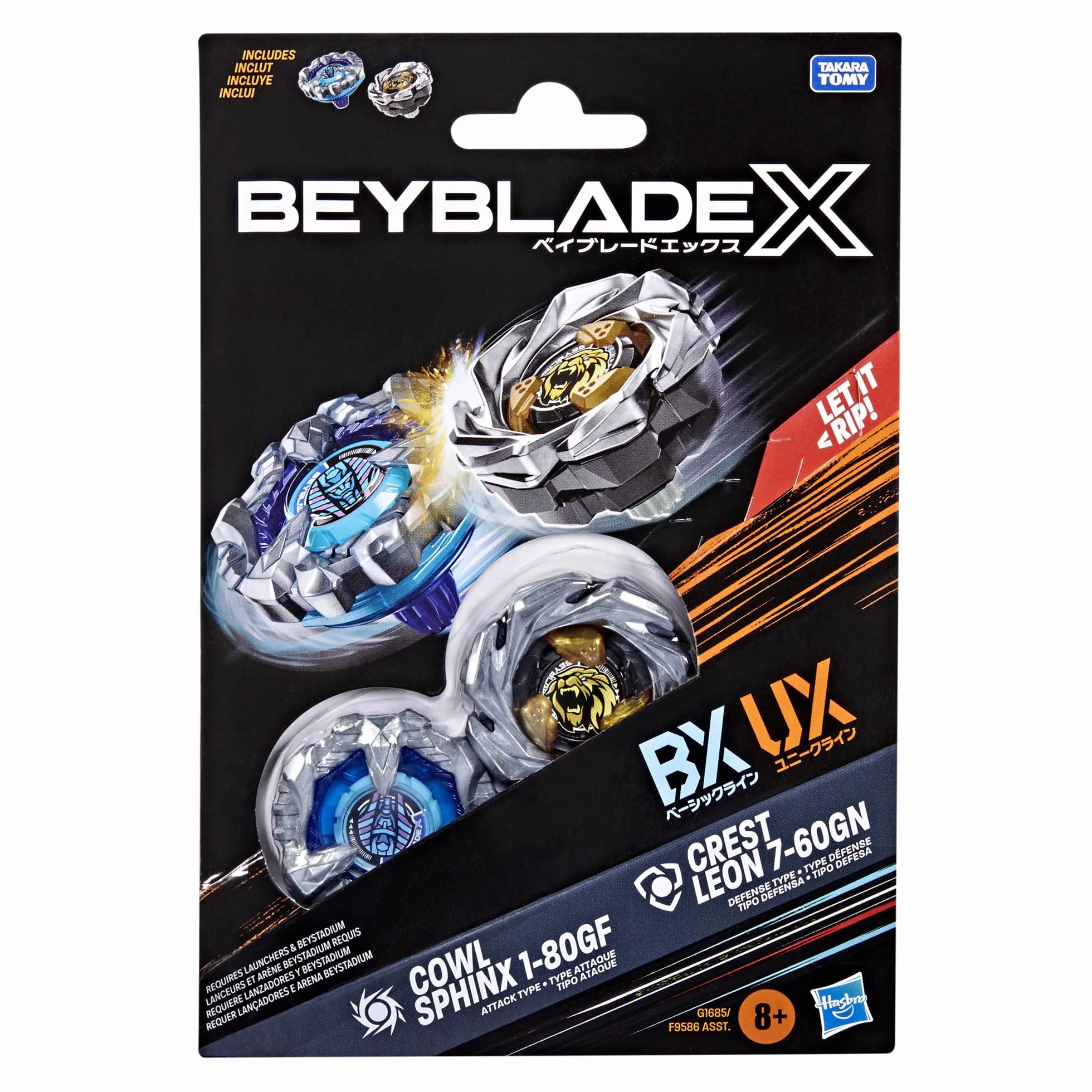 Dwupak bączków Beyblade X Cowl Sphinx 1-80GF i Crest Leon 7-60GN