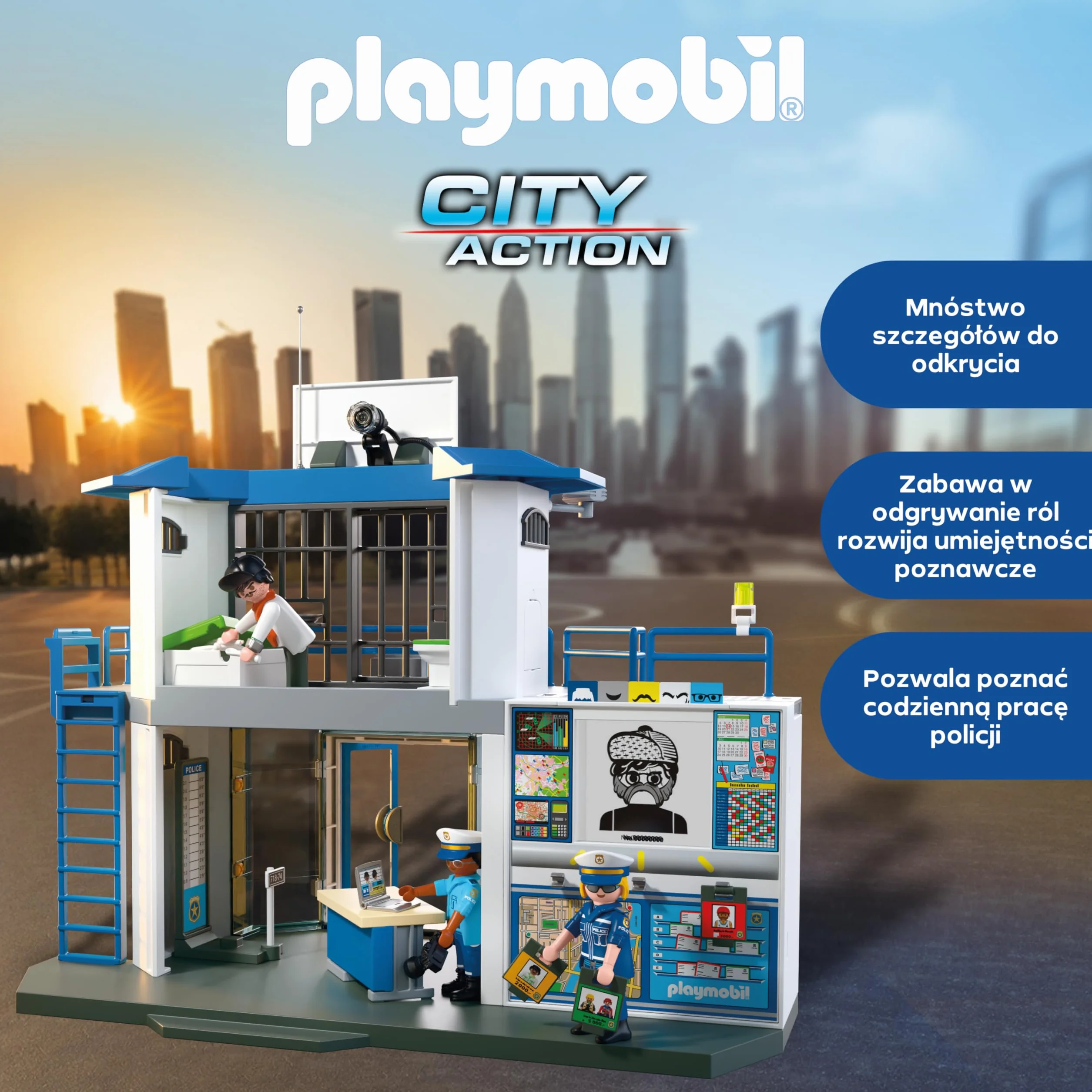 PLAYMOBIL Police Station with Investigation Room Zestaw do zabawy z figurkami, posterunek policji z pokojem przesłuchań