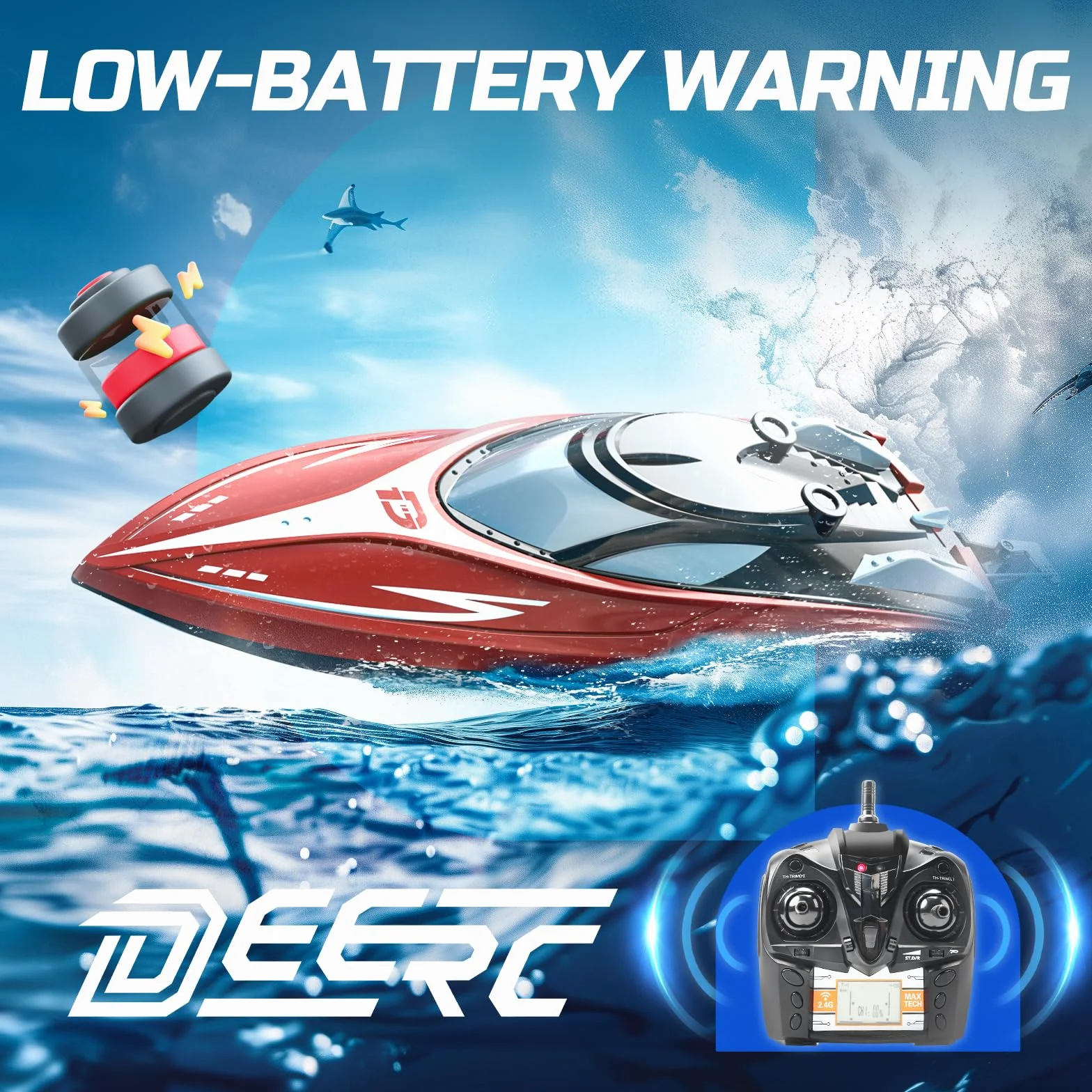 DEERC Szybka łódź RC H120 do basenów i jezior, 2,4 GHz 20+ MPH łódź wyścigowa dla dzieci i dorosłych z akumulatorem, alarm niskiego poziomu baterii, regeneracja wywrotka, prezenty dla chłopców i