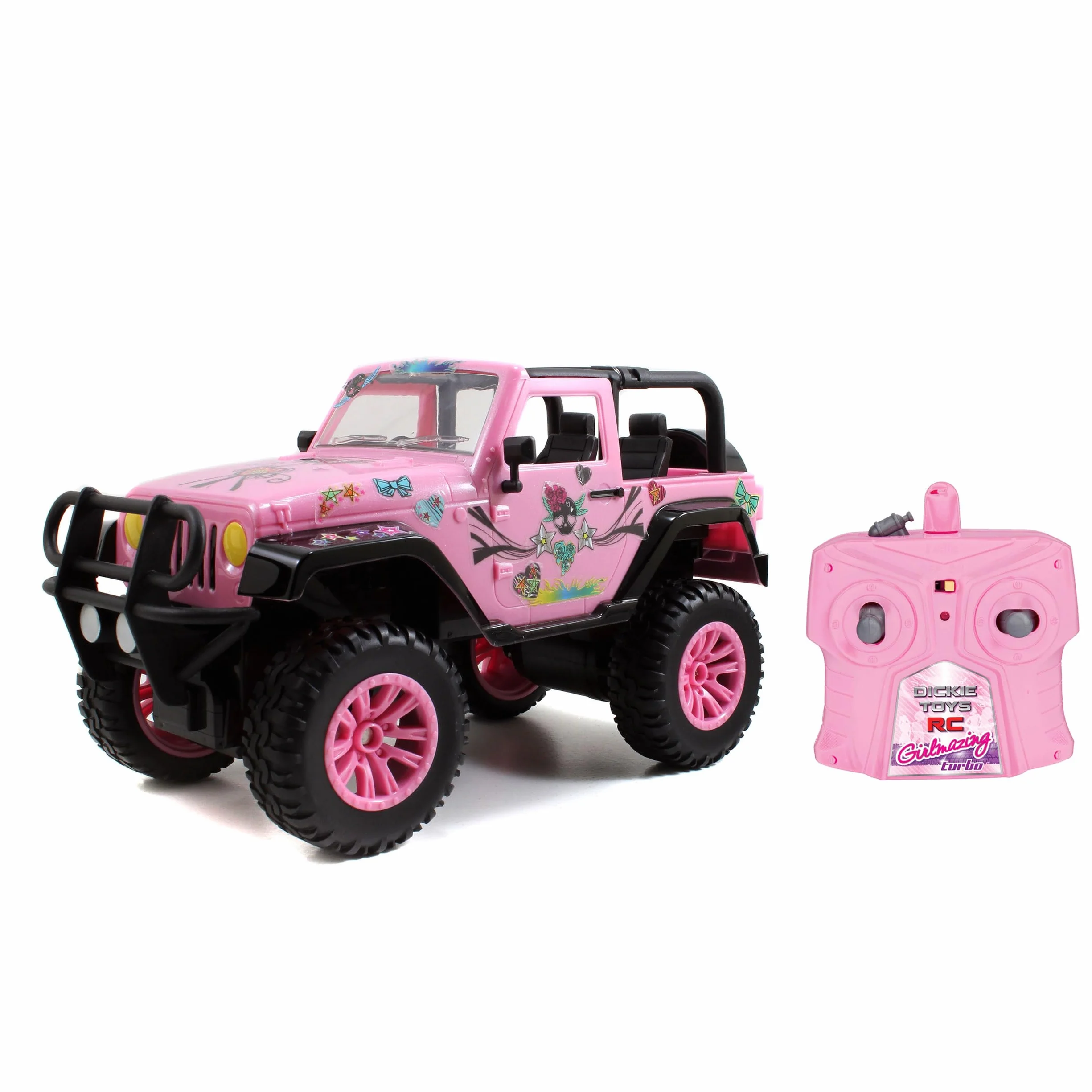 Dickie Toys RC SUV Girlmazing samochód zdalnie sterowany Jeep Wrangler, z 2 kanałami, 2,4 GHz, Turbo, w zestawie naklejki, od 6 lat, błyszczący metaliczny róż.