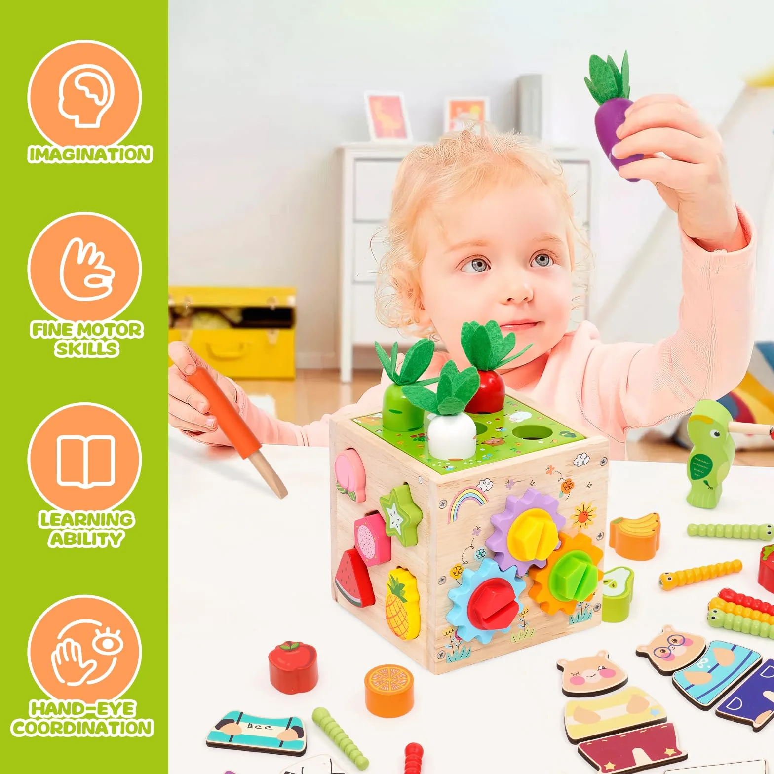 5 w 1Montessori kostka motoryczna, kostka aktywności, zawiera kostki do przyporządkowania kształtów, zbieranie marchwi, łapanie owadów, koła zębate, drewniane kostki, zabawki do wczesnego rozwoju i