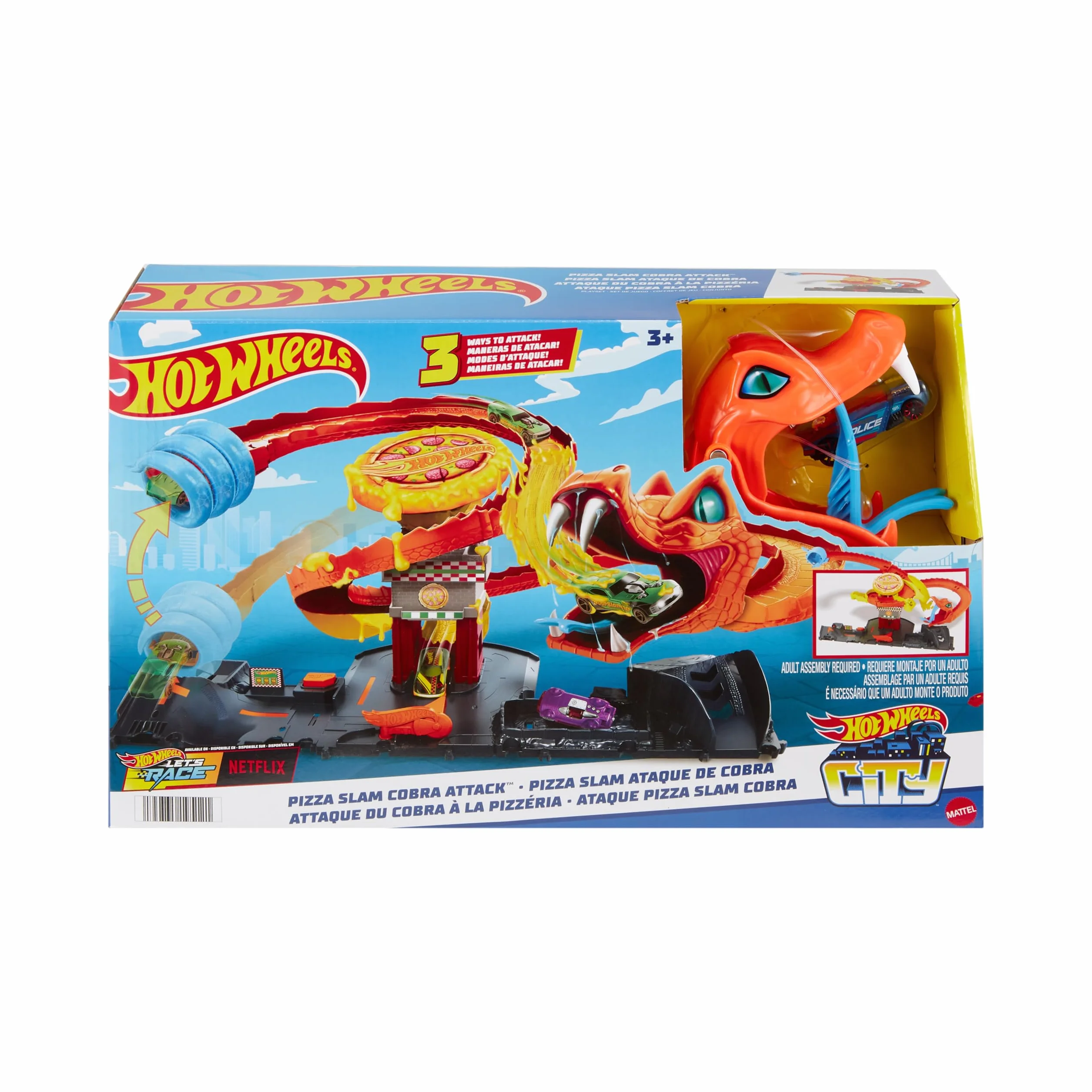 Hot Wheels City Let's Race – Na start! - Netflix - Odjazdowa pizza – Atak kobry Zestaw ze spiralnym torem w kształcie ogona kobry i autkiem w skali 1:64, HTN81