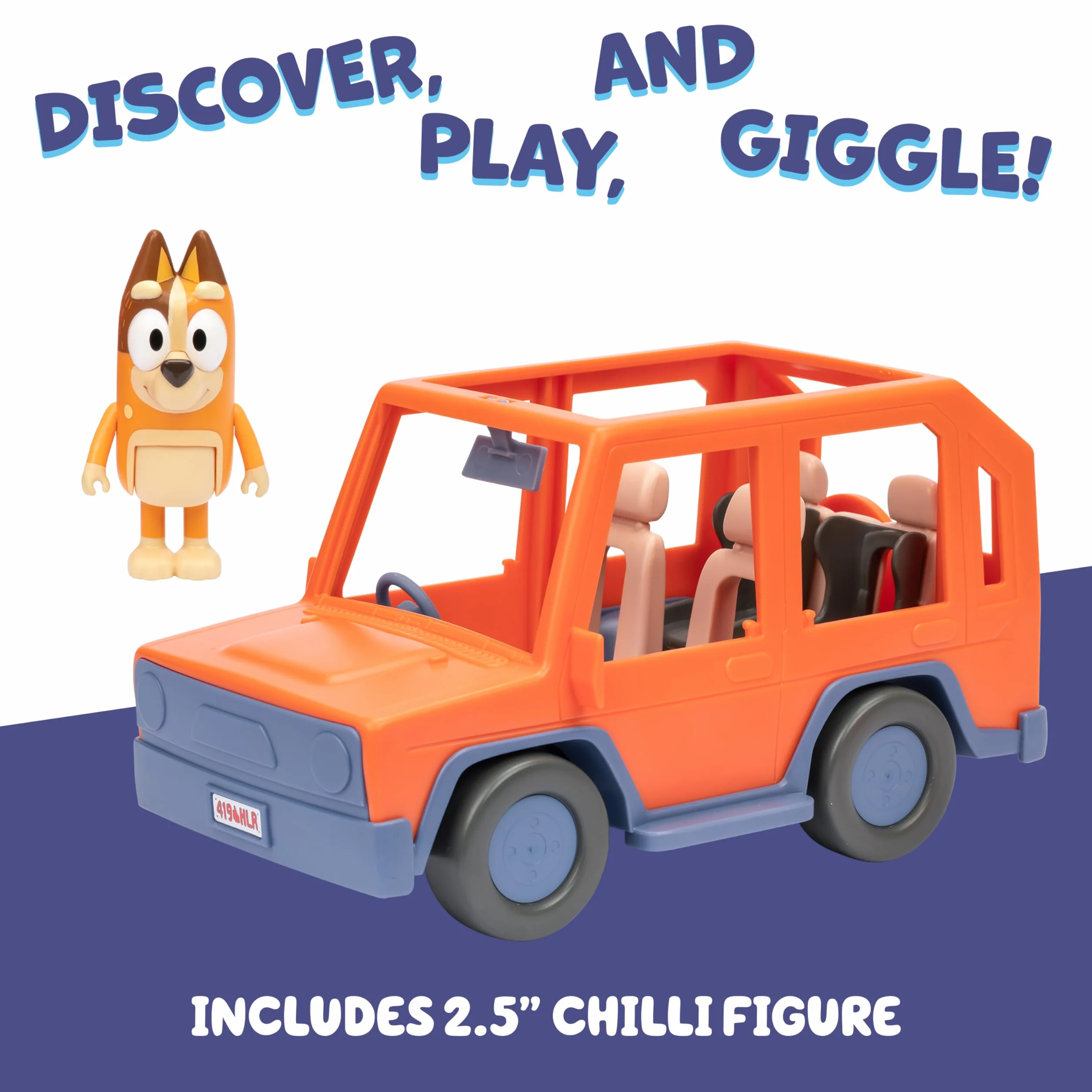 Bluey Heeler Family Road Trip pojazd z 4 kołami, zawiera przegubową figurkę chili, z otwartym dachem, aby łatwo dopasować 4 figurki wewnątrz, idealna do wszystkich figurek 6 cm (sprzedawane oddzielnie