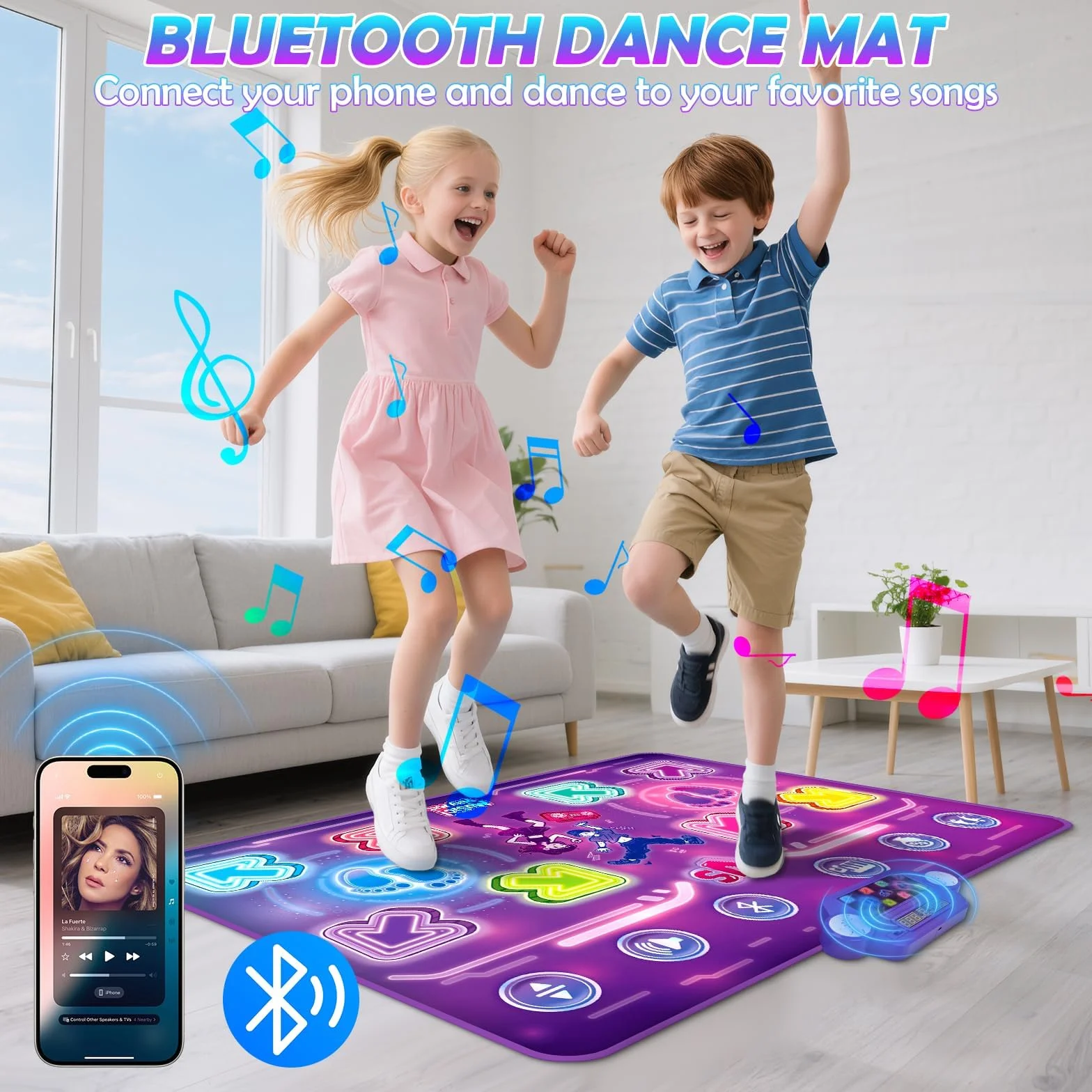 Mata taneczna dla dzieci z Bluetooth, świecąca mata muzyczna dla 2 graczy z 3 trybami, interaktywna zabawka dla dzieci od 3 lat, prezent na urodziny i Boże Narodzenie