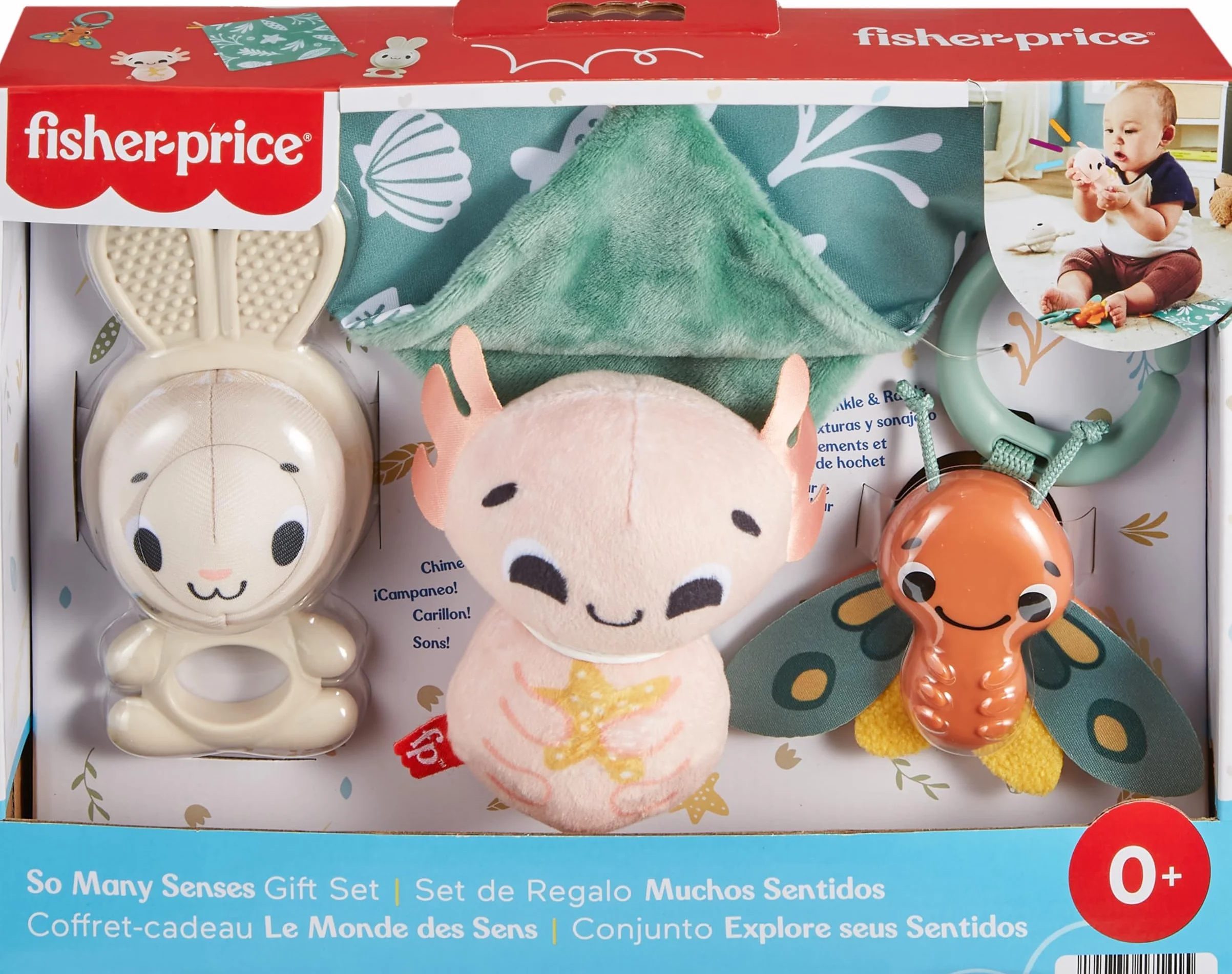 Fisher-Price Świat zmysłów Zestaw prezentowy z 4 zabawkami do aktywizacji i rozwoju zręczności dla noworodków, HRB17