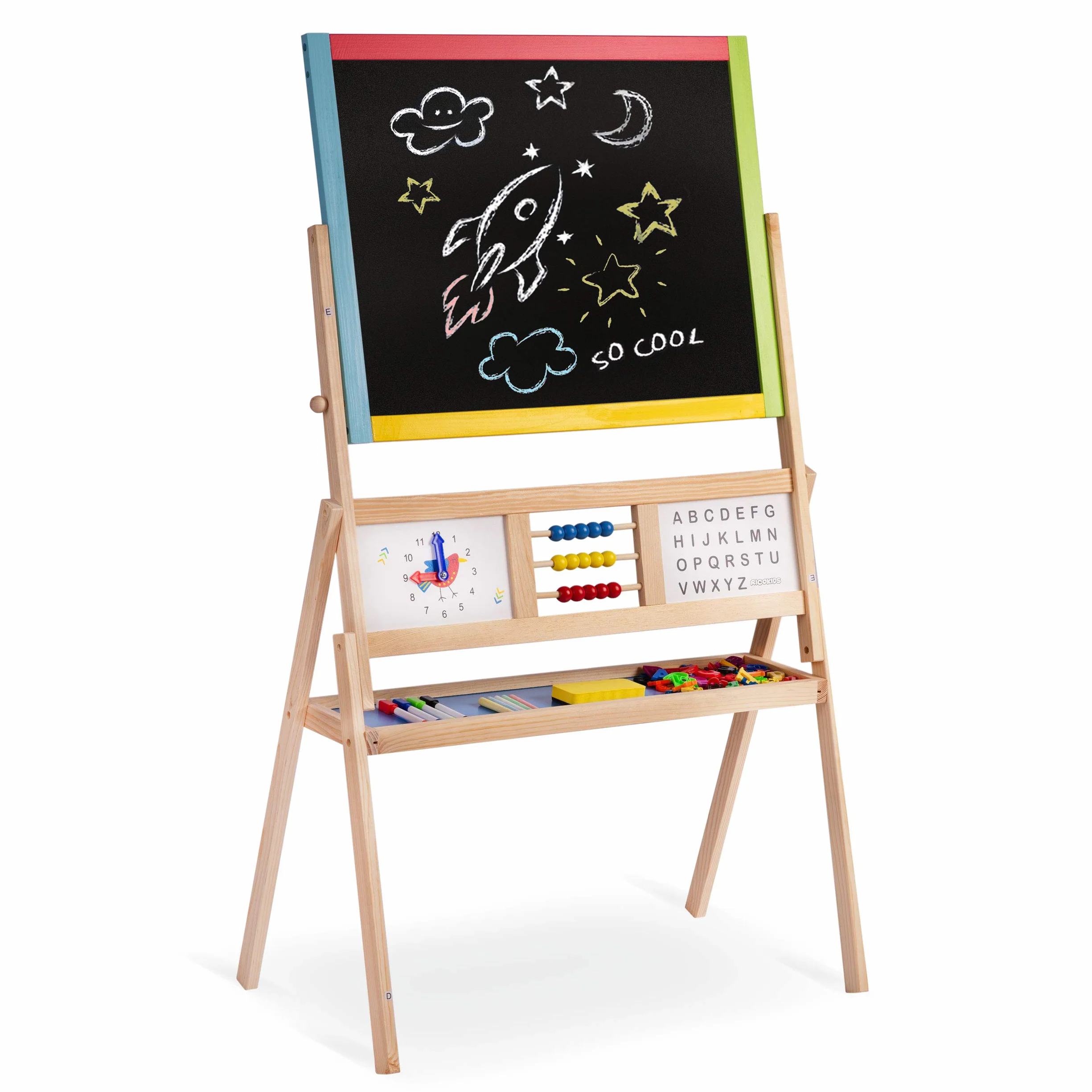 Ricokids Tablica do zabawy dla dzieci, magnetyczna tablica suchościeralna, zegar liczydło i tablica do malowania kredą, tablica dla dzieci, sztaluga z drewna