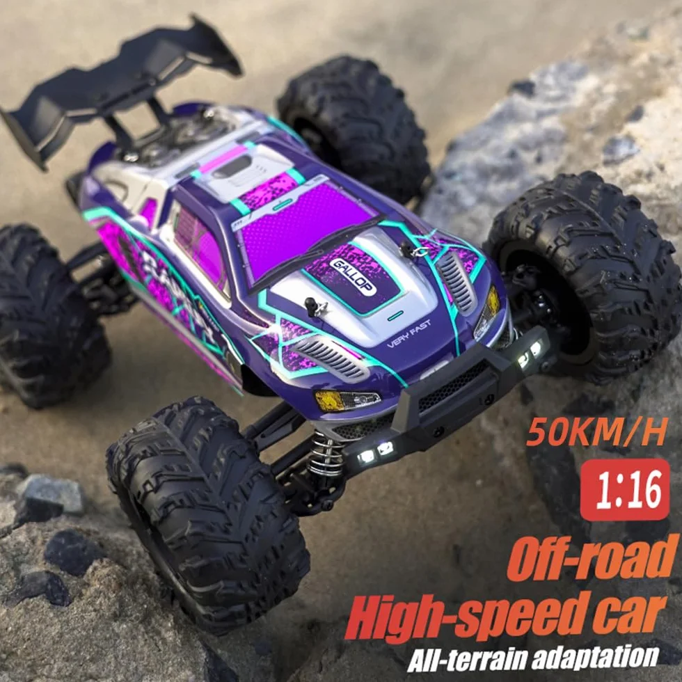 X-Verse 1:16 zdalnie sterowany samochód, silnik z szczotką węglową 50 km/h RC High Speed Offroad Drift Racing, 2,4 GHz 4WD All Terrain Offroad, samochód wyścigowy, 3 baterie (fioletowy)