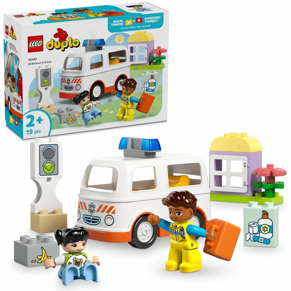 LEGO DUPLO Town Karetka z Kierowcą, Edukacyjna Zabawka dla Dziecka do Odgrywania Ról, Rozwijająca Motorykę Małą, z 2 Figurkami, Kreatywny Prezent dla 2-latka, Dziewczynki i Chłopca, 10447