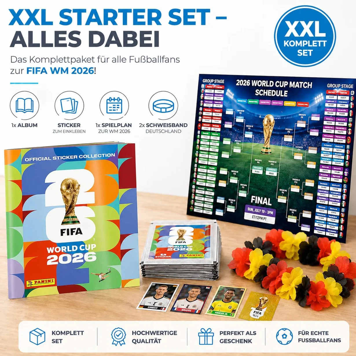 TK Gruppe Timo Klingler Panini Mistrzostwa Świata 2026 XXL Set – Album & Naklejki – Plan Meczów, Wianek Kibica, Album Kolekcjonerski do Zbierania Piłkarskich Naklejek (50 Saszetek / 350 Naklejek)