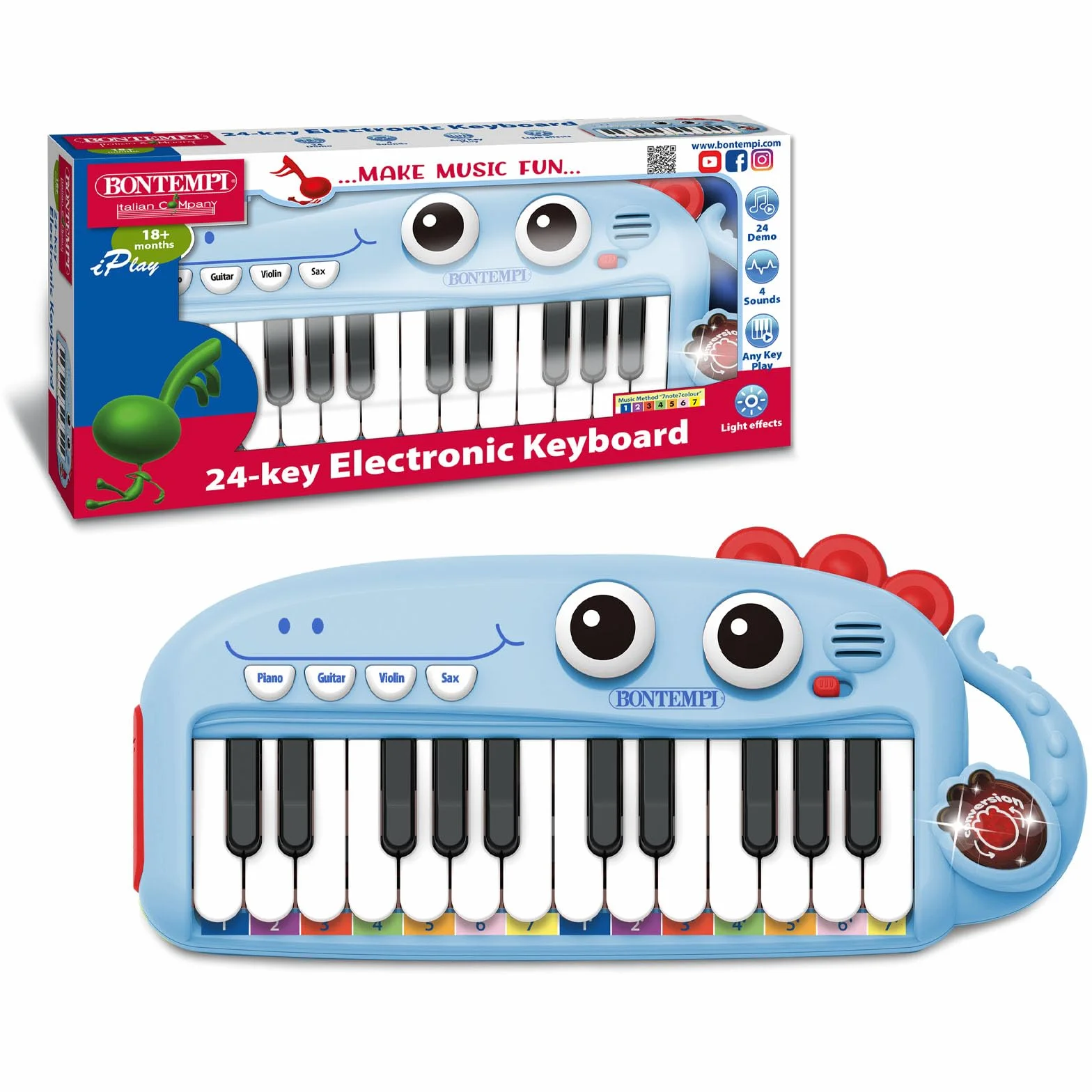 Bontempi | PlayKeys - Zabawka-klawiatura z 24 klawiszami dla małych muzyków, niebieska, 300x140x40 mm