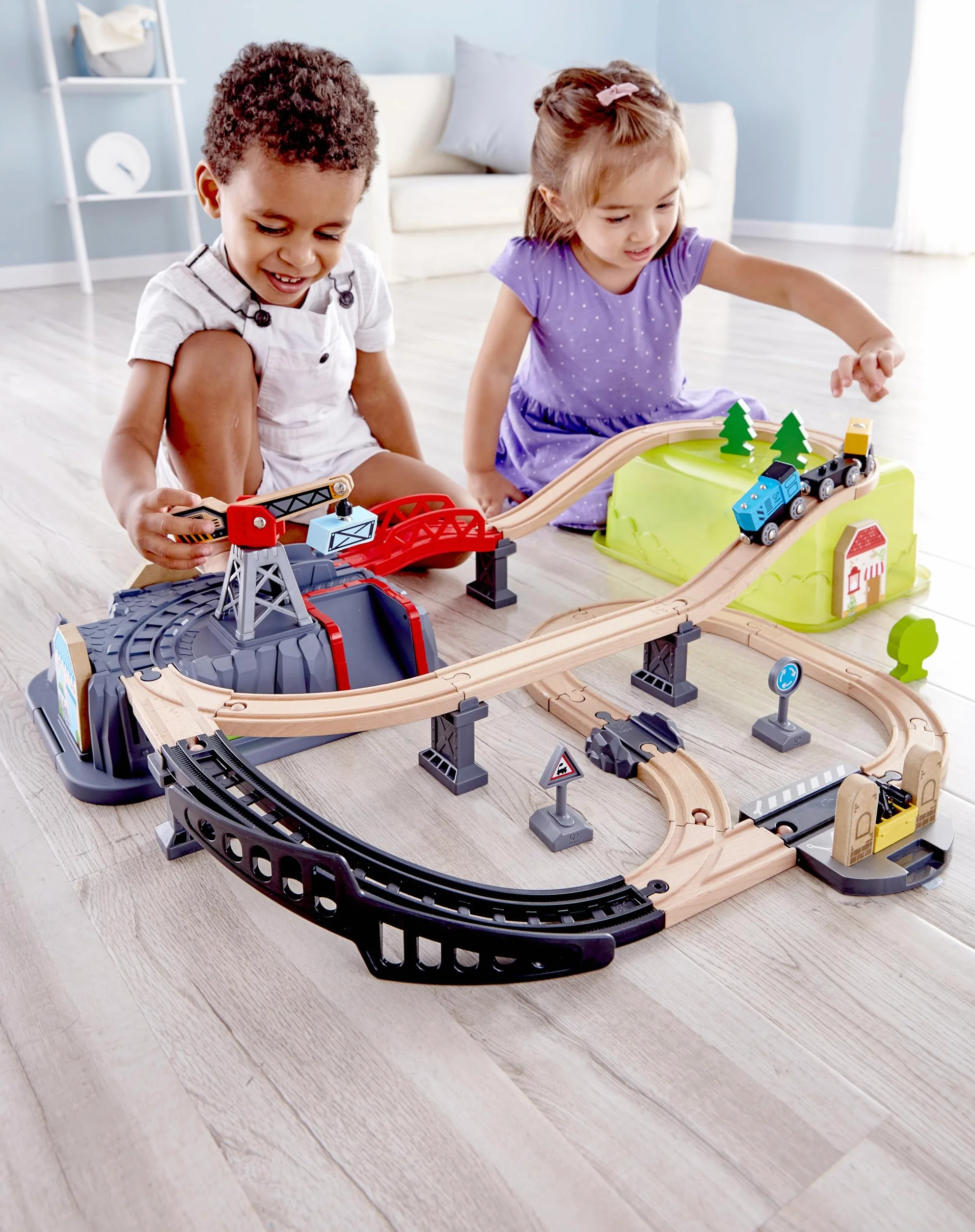 Hape Sustainable Wood Toy Train Railway Bucket 50-Piece Builder Set