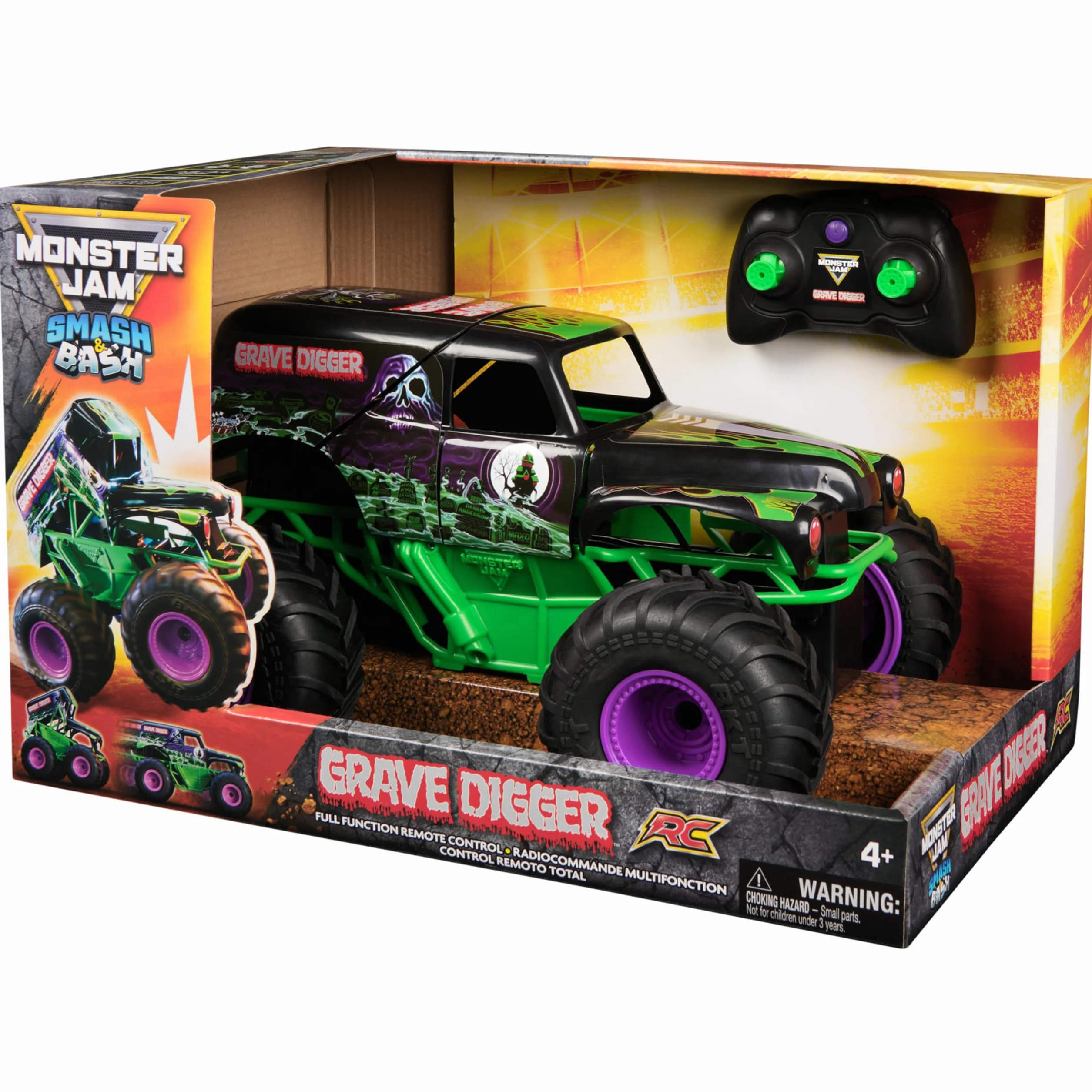 Monster Jam - Smash 'n Bash Grave Digger, zdalnie sterowana monster truck, która odkształca się podczas awarii i naprawia ponownie za naciśnięciem jednego przycisku, sterowanie 2,4 GHz, od 4 lat