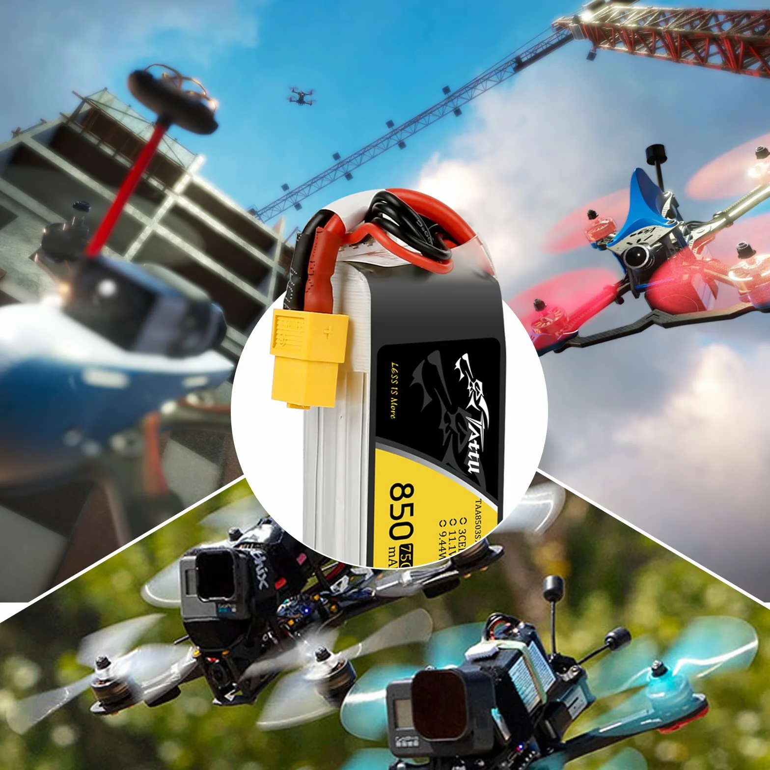 Tattu 3S 850 mAh 11,1 V 75C 3S1P Lipo akumulator z wtyczką XT60 do FPV Racing Quadrocopter 150 180 rozmiar