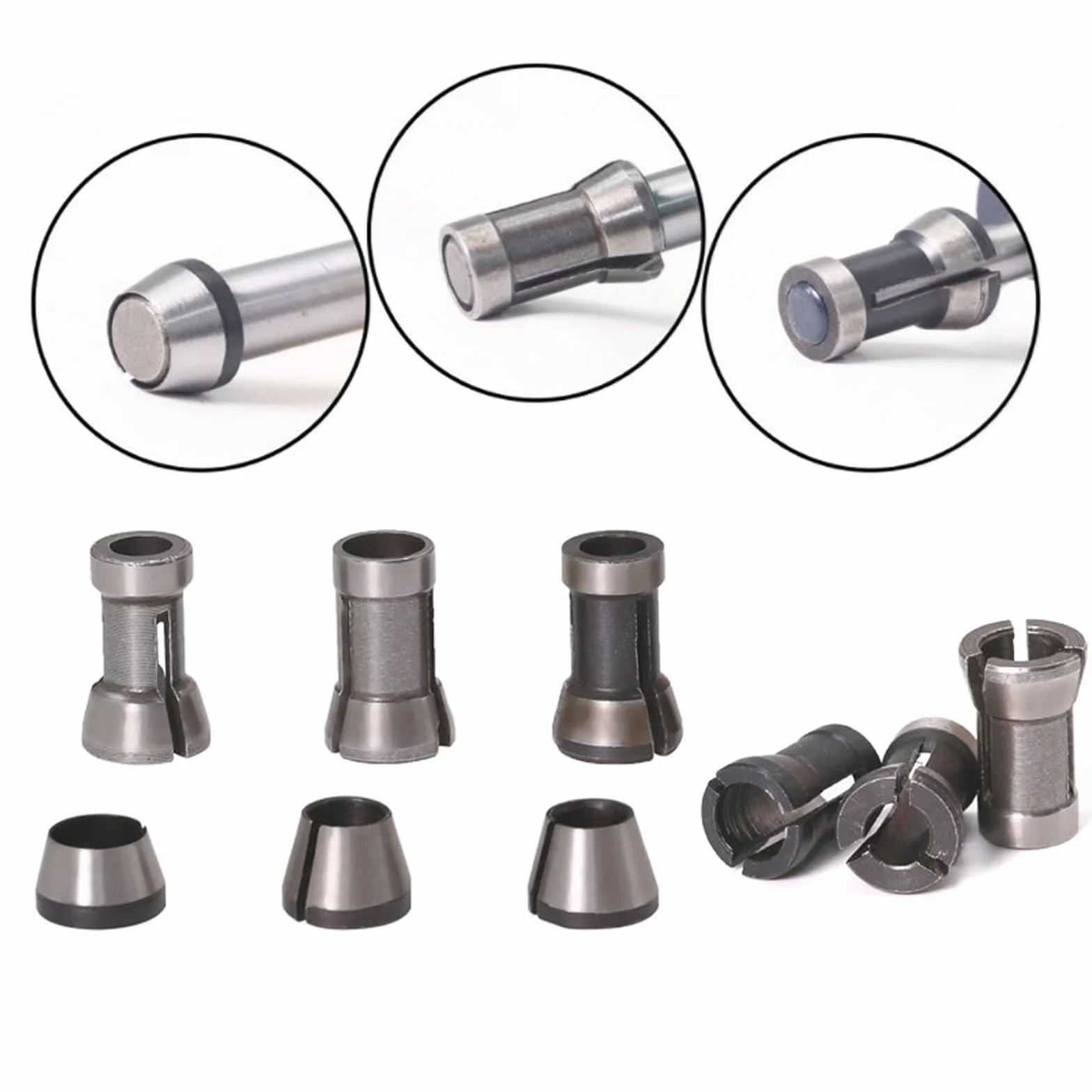 Zestaw 8 sztuk tulejek zaciskowych, stalowe akcesoria frezarskie, 6 adapterów zaciskowych (6 mm, 6,35 mm, 8 mm) z 2 nakrętkami, precyzyjny uchwyt zaciskowy do maszyny do grawerowania, obróbki drewna
