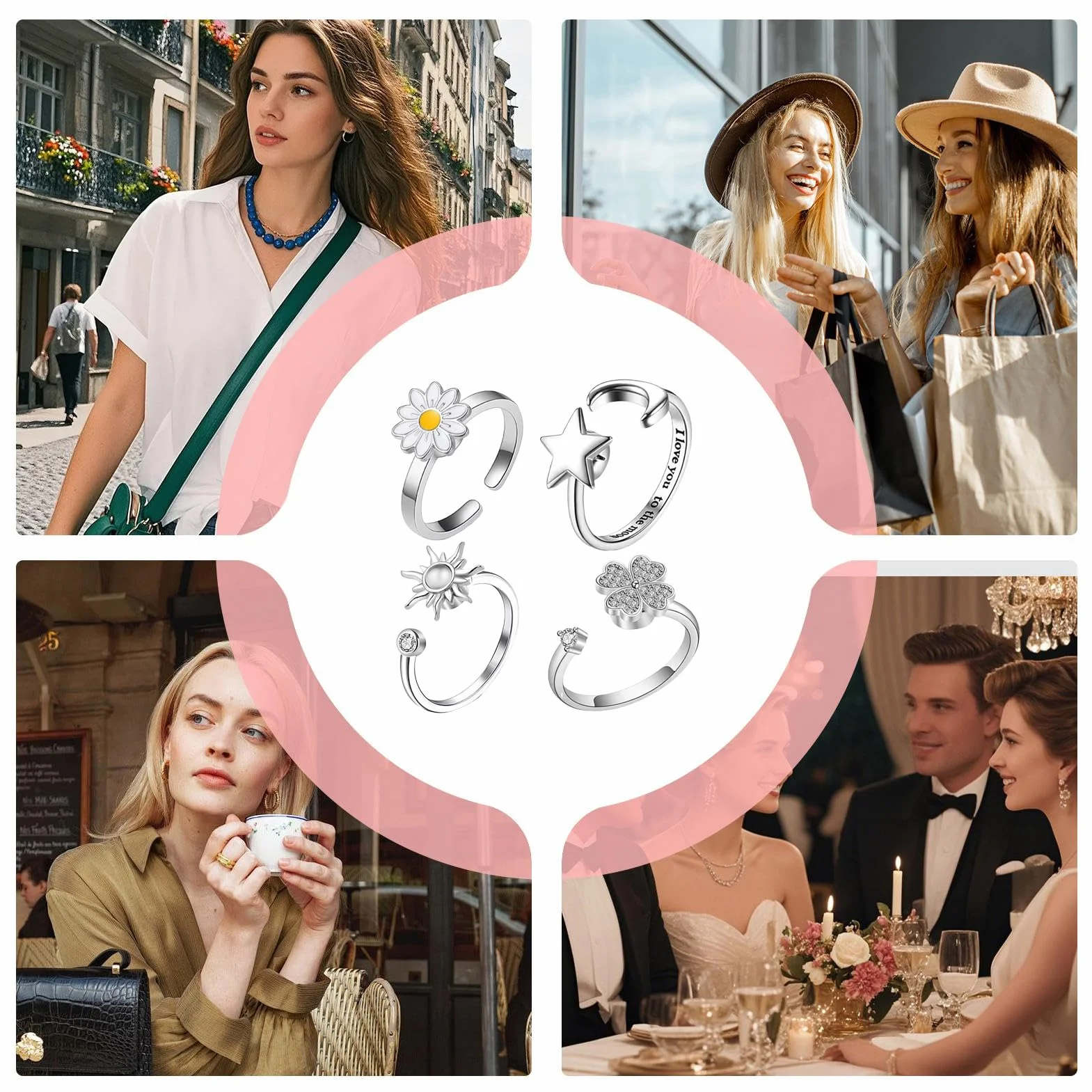Fidget Rings, Spinner Jewelry, Fidget Rings do ?agodzenia stresu, 4-cz??ciowy zestaw z motywami ksi??yca, s?o?ca i kwiatów, ?atwe w u?yciu ?dzie do modowania, stylowe akcesoria dla dziewcz?t, nast
