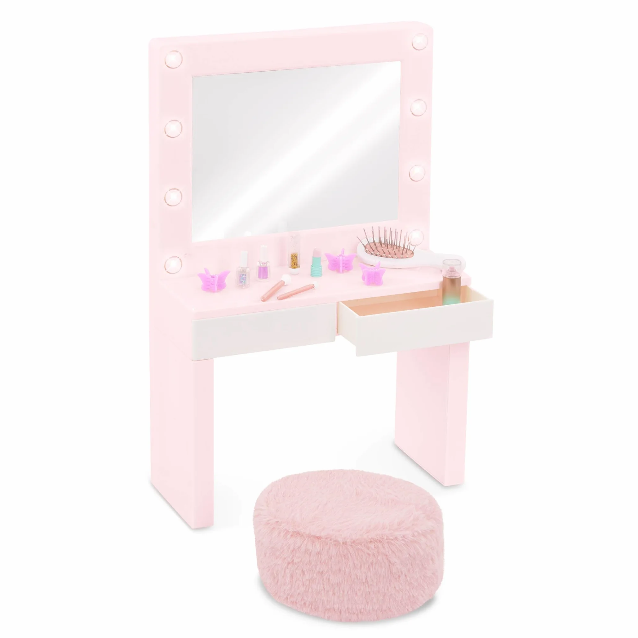 Our Generation Pink Vanity Table Playset – Light-up Mirror – Pretend Makeup & Styling Items – 45 cm Doll Accessories – Toys for Kids Ages 3 & Up – Glam & Glow Vanity Set