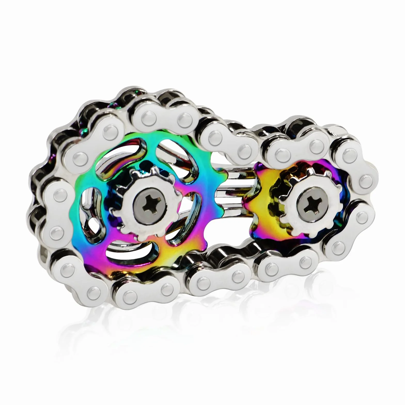 Metalowe zabawki typu fidget, zabawka fidget z łańcuchem rowerowym z 2 biegami, gadżety do redukcji lęku, ręczne spinnery dla dorosłych (srebrny + kolor)
