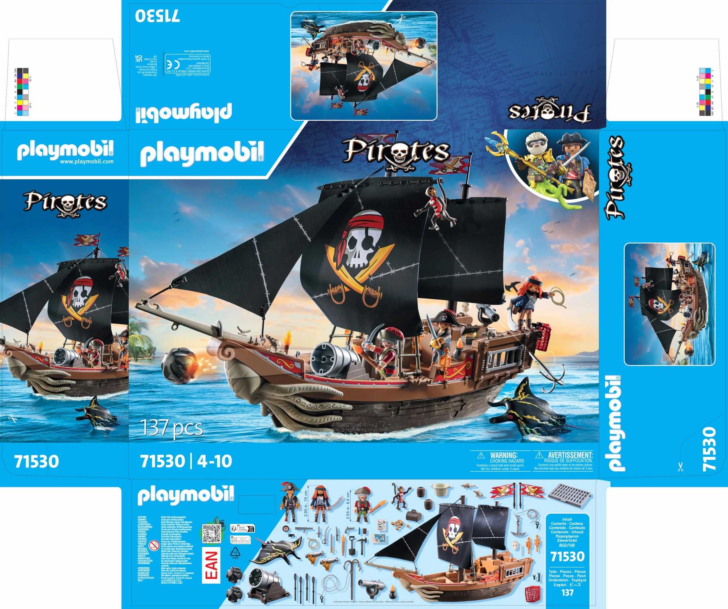 PLAYMOBIL Pirates 71530 Duży statek piracki, bitwa morska i tajne poszukiwanie skarbów w głębinach morzach, w zestawie armaty, pociski i kotwica, odpowiednie dla dzieci od 4 roku życia