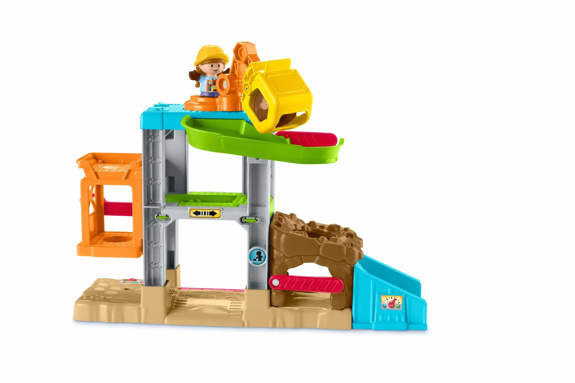 Fisher-Price Little People Plac budowy Zestaw z dźwiękiem, muzyczny zestaw do zabawy z wywrotką i 2 figurkami, dla przedszkolaków i młodszych dzieci, HCJ64