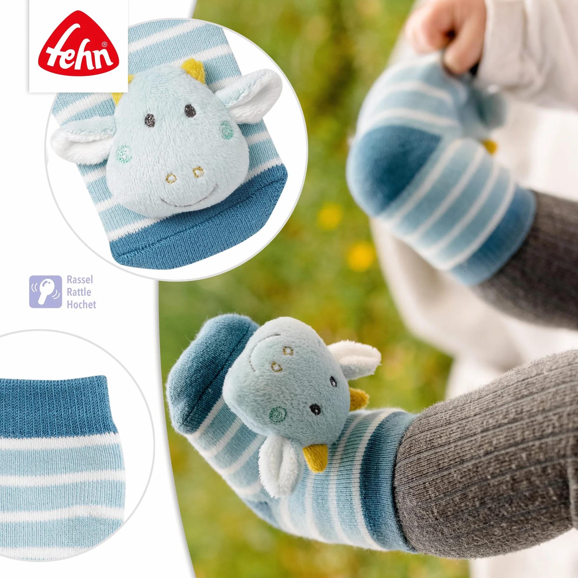 Fehn Rasselsöckchen Drache/Activity-Babysöckchen mit niedlichen Tier-Köpfchen zum Greifen, Rasseln, Strampeln & Geräusche erzeugen, Lernspielzeug für Babys von 0-12 Monaten, Einheitsgröße