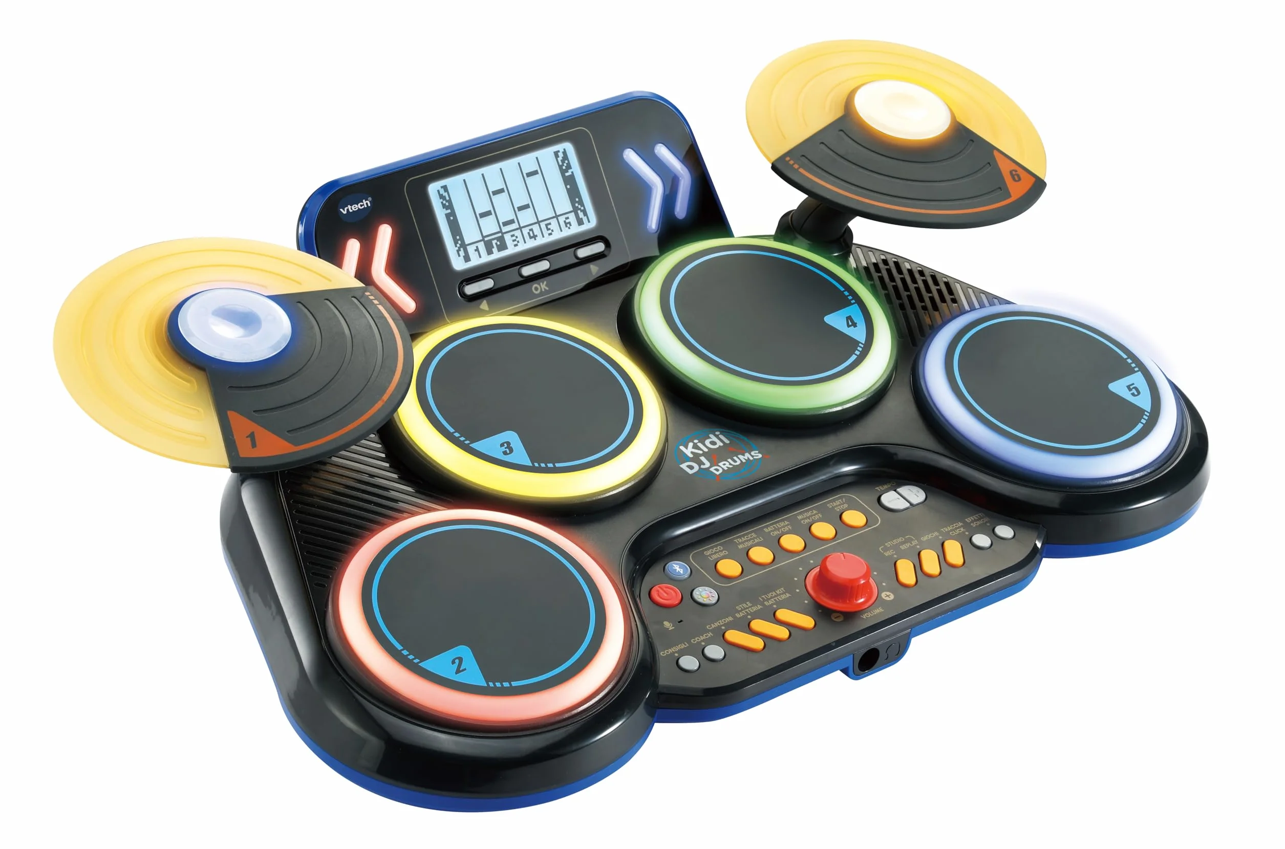 VTech Kidi DJ Drums, elektroniczny akumulator dla dzieci z podkładkami świecącymi, grami muzycznymi, trybem Bluetooth i wbudowanym mikrofonem, pałeczkami w zestawie, język włoski, baterie w zestawie,