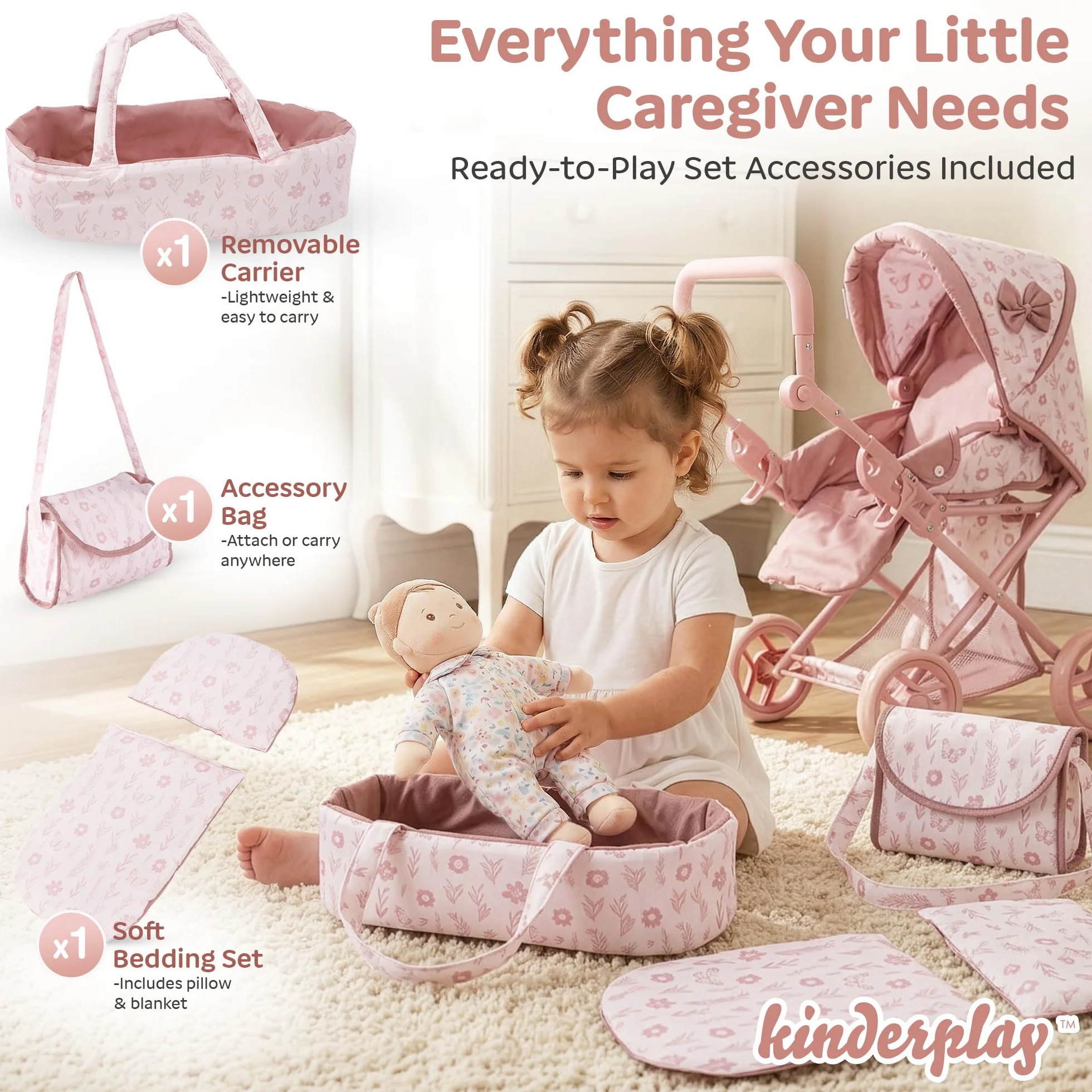 Kinderplay Wózek dla lalek 3 w 1 z torbą do przenoszenia, wózek dla lalek z regulacją wysokości 36,5-64 cm, składany wózek dziecięcy z cichymi kółkami piankowymi, dla lalek do 40 cm, od 3 lat