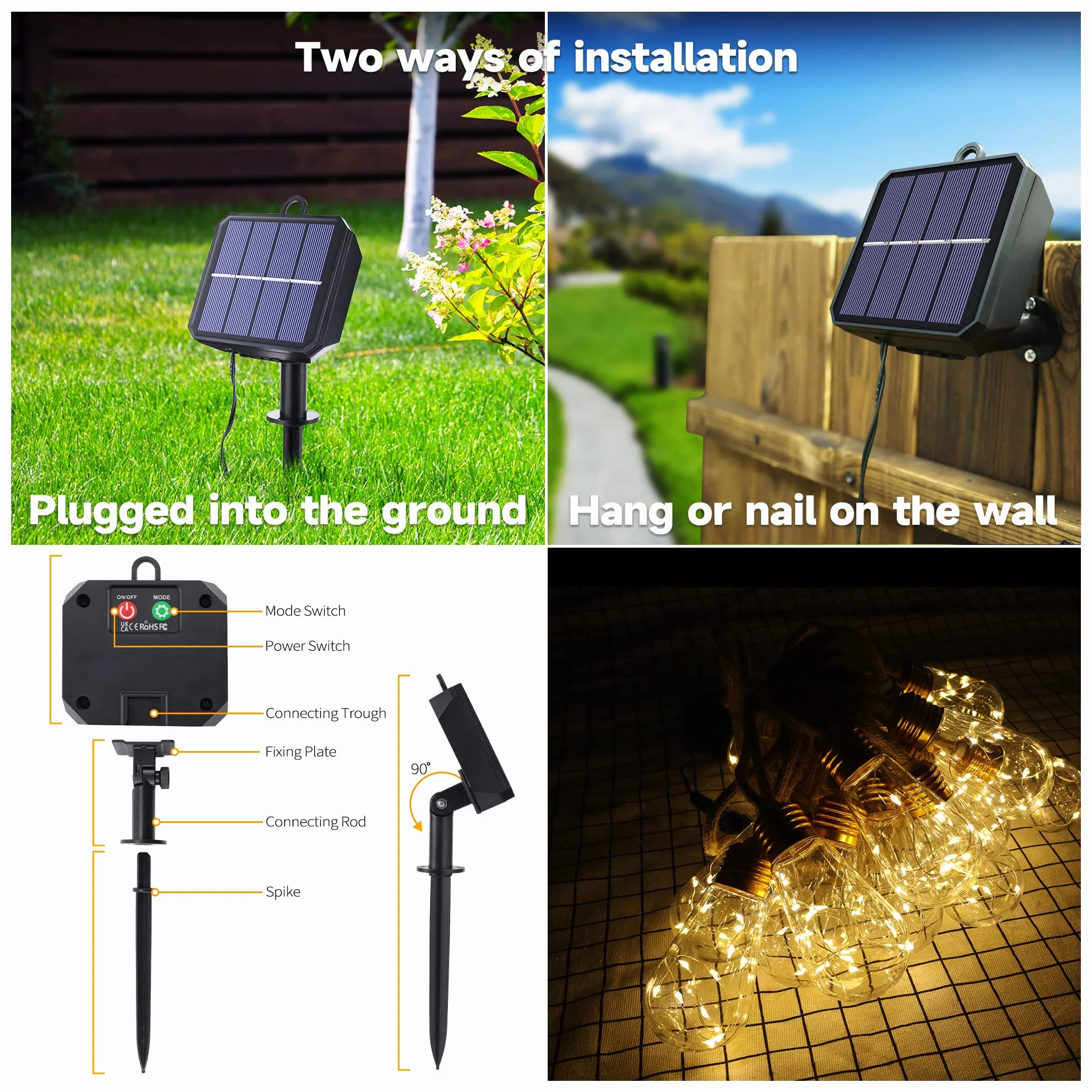 Geemoo Solarny łańcuch świetlny z liny konopnej, 8 m, 160 LED, wodoodporny, z 16 nietłukącymi się żarówkami, do ogrodu, na patio, imprezę, podwórko, dekoracja bożonarodzeniowa (ciepła biel)