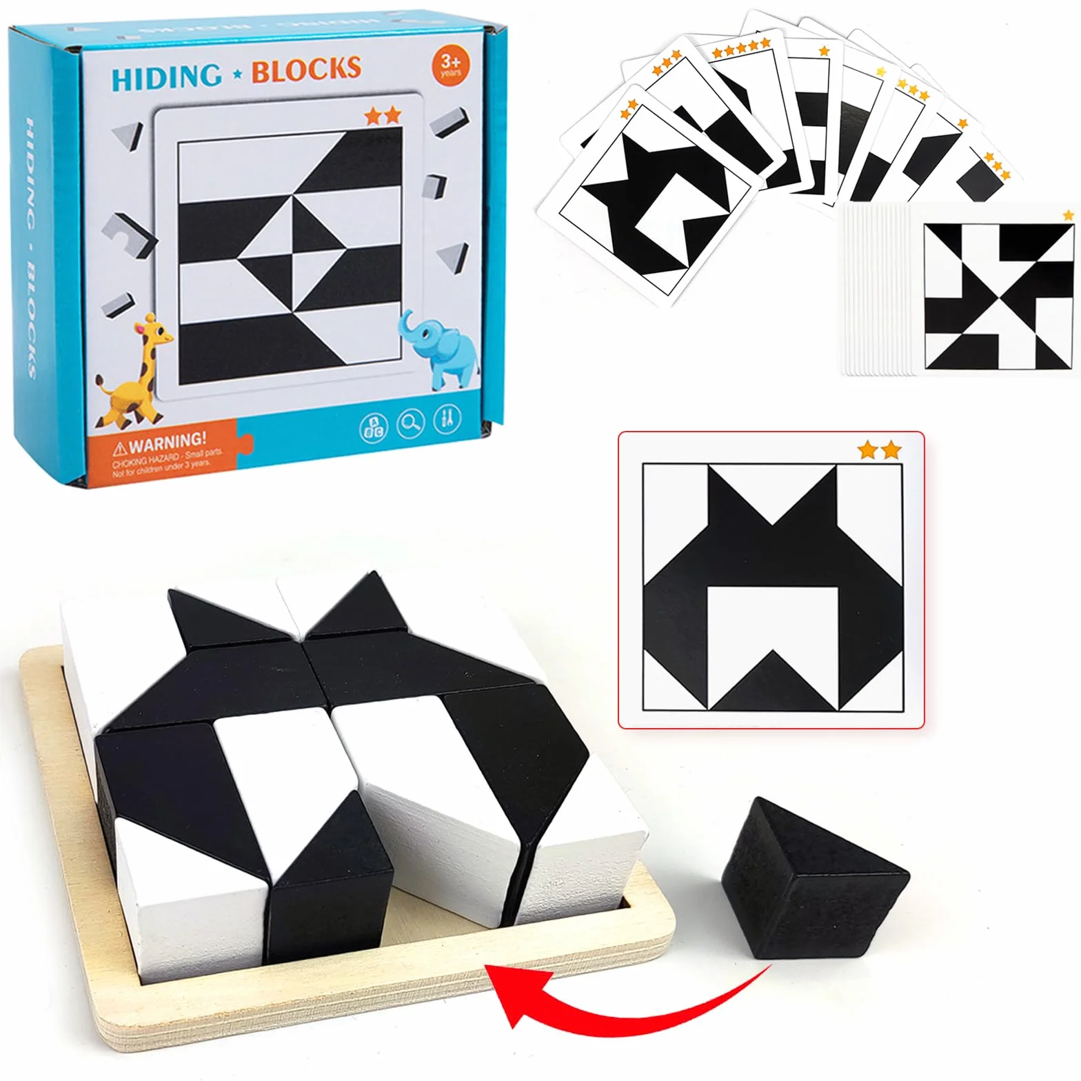 Montessori puzzle z geometrycznym kształtem, drewniane klocki 3D, edukacyjne, logiczne myślenie, trening, zabawa, prezent (A)