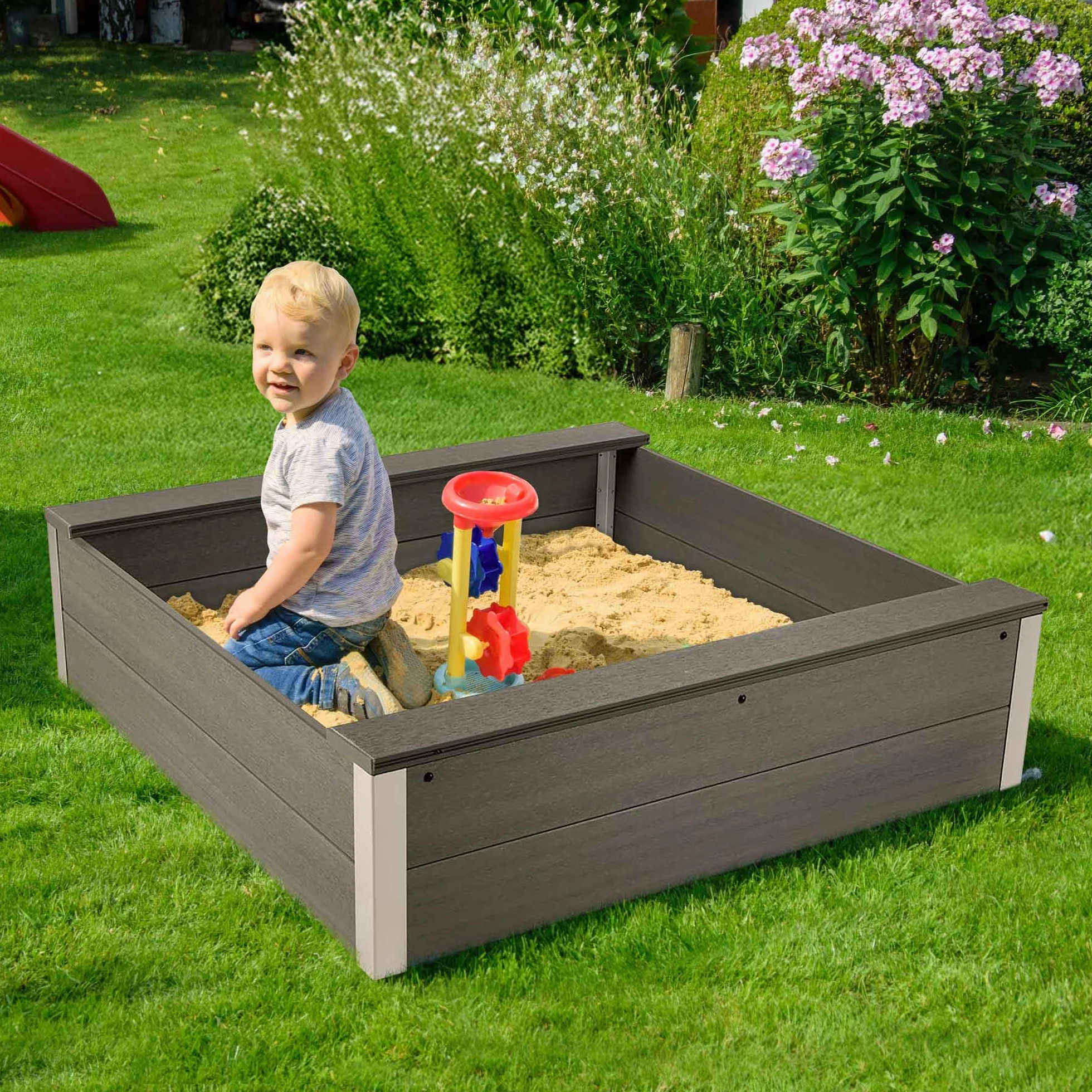 dobar® Piaskownica z odpornego na warunki atmosferyczne WPC – piaskownica do zabawy w ogrodzie – 115 x 115 x 30 cm – antracytowa